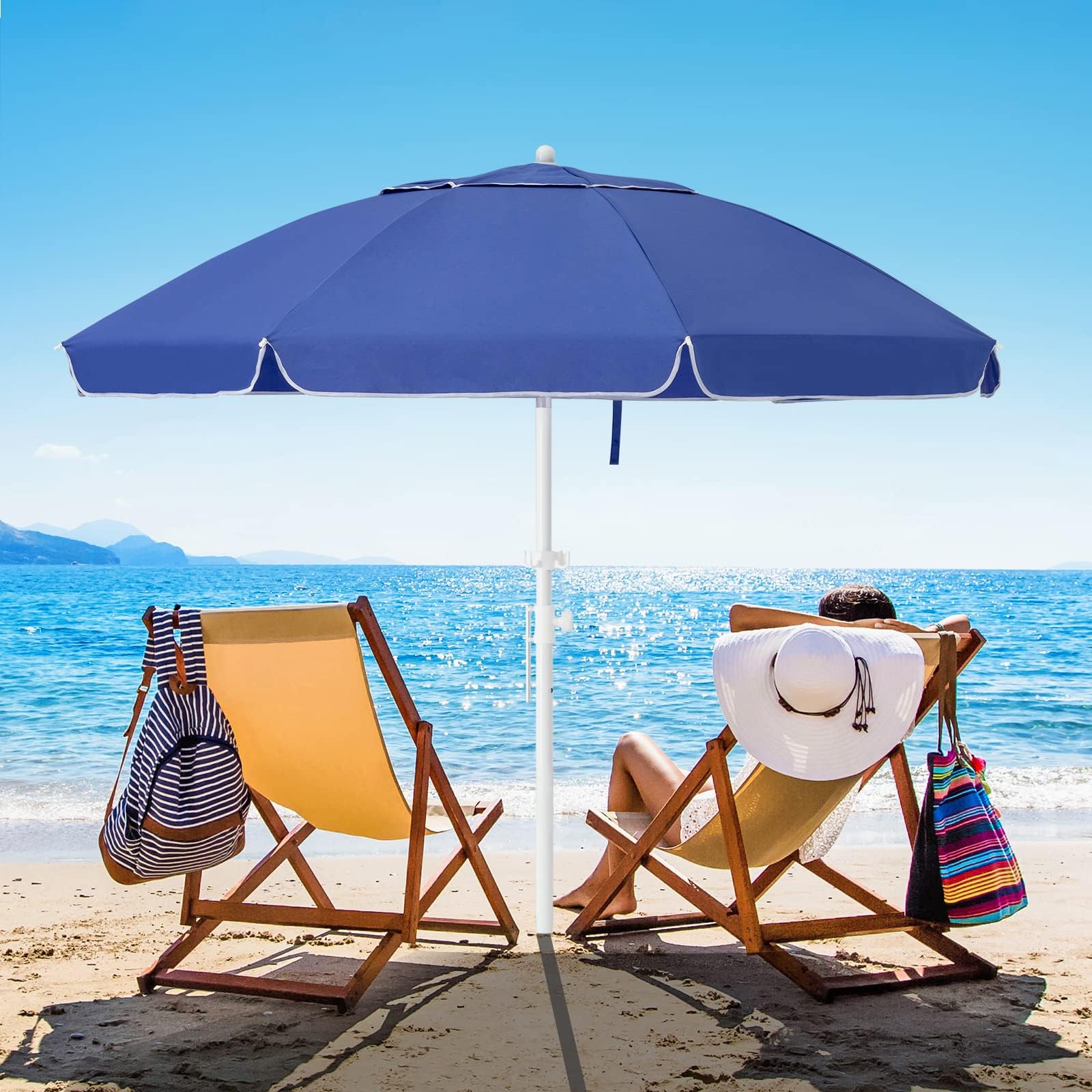 Bumblr 6.5ft Beach Umbrella with Sand Anchor & Tilt Mechanism Outdoor Sunshade Portable Umbrella with Carry Bag Wind Resistant UV Protection for Sand Heavy Duty Beach Garden Outdoor, Royal Blue