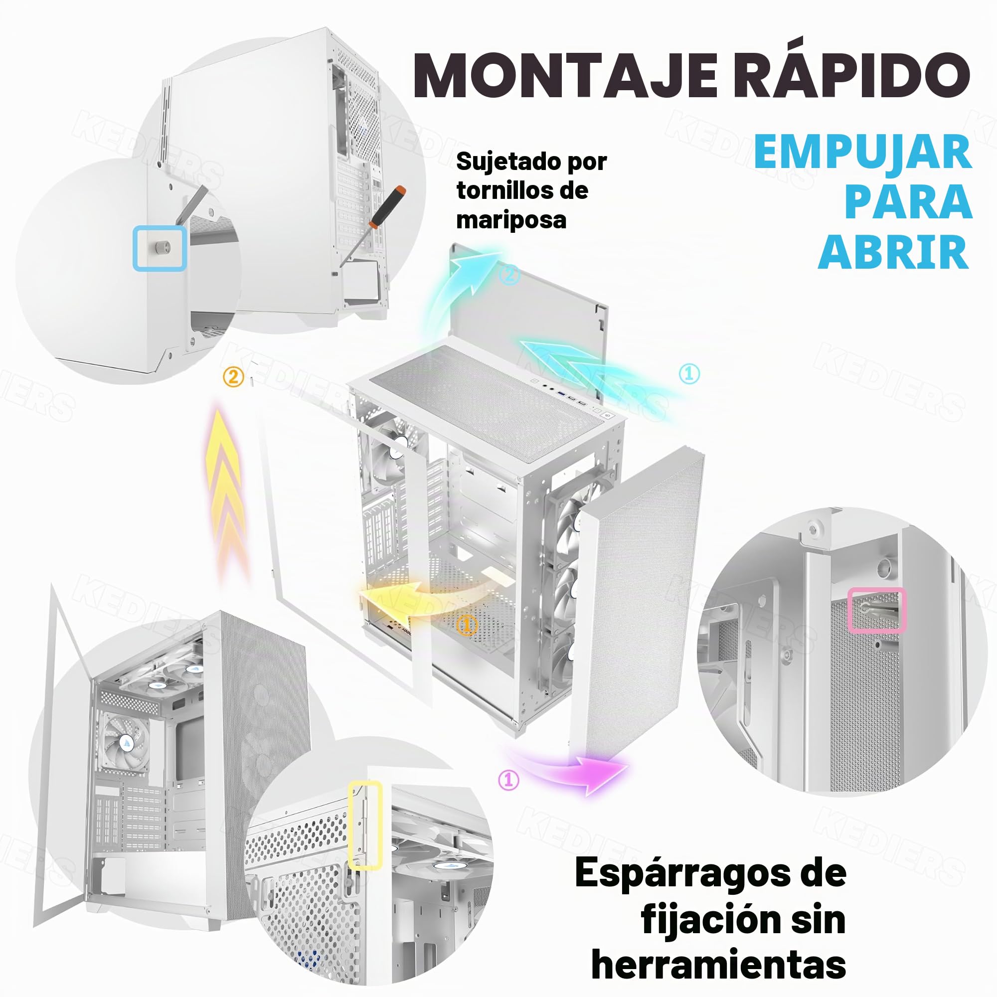 KEDIERS Caja de PC - 6 ventiladores PWM preinstalados, carcasa ATX Mid Tower Gaming Vivienda de malla para ordenador con panel lateral de apertura de vidrio templado (blanco, G300)
