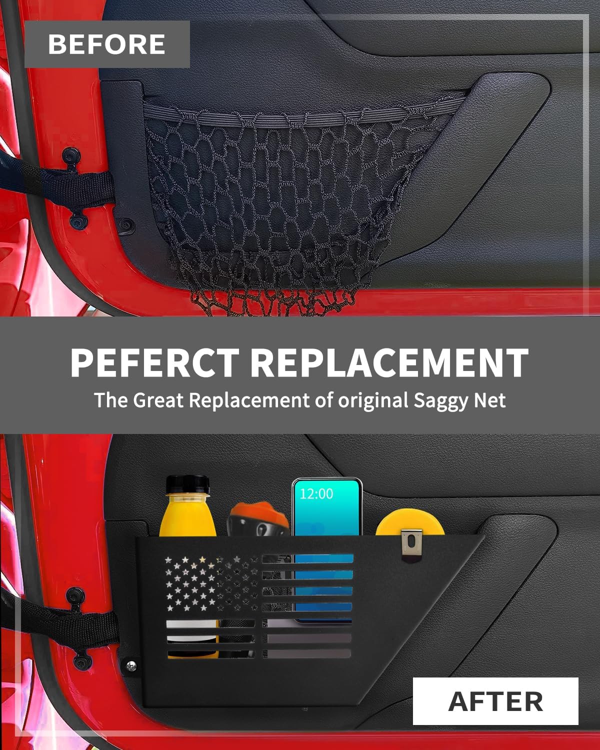 Metal Storage Boxes Compatible with 2007-2018 Jeep Wrangler JK JKU 2/4 Door, 2 Pack Front Door Side Insert Organizer Pockets for Jeep Saggy Net Replacement(Black)