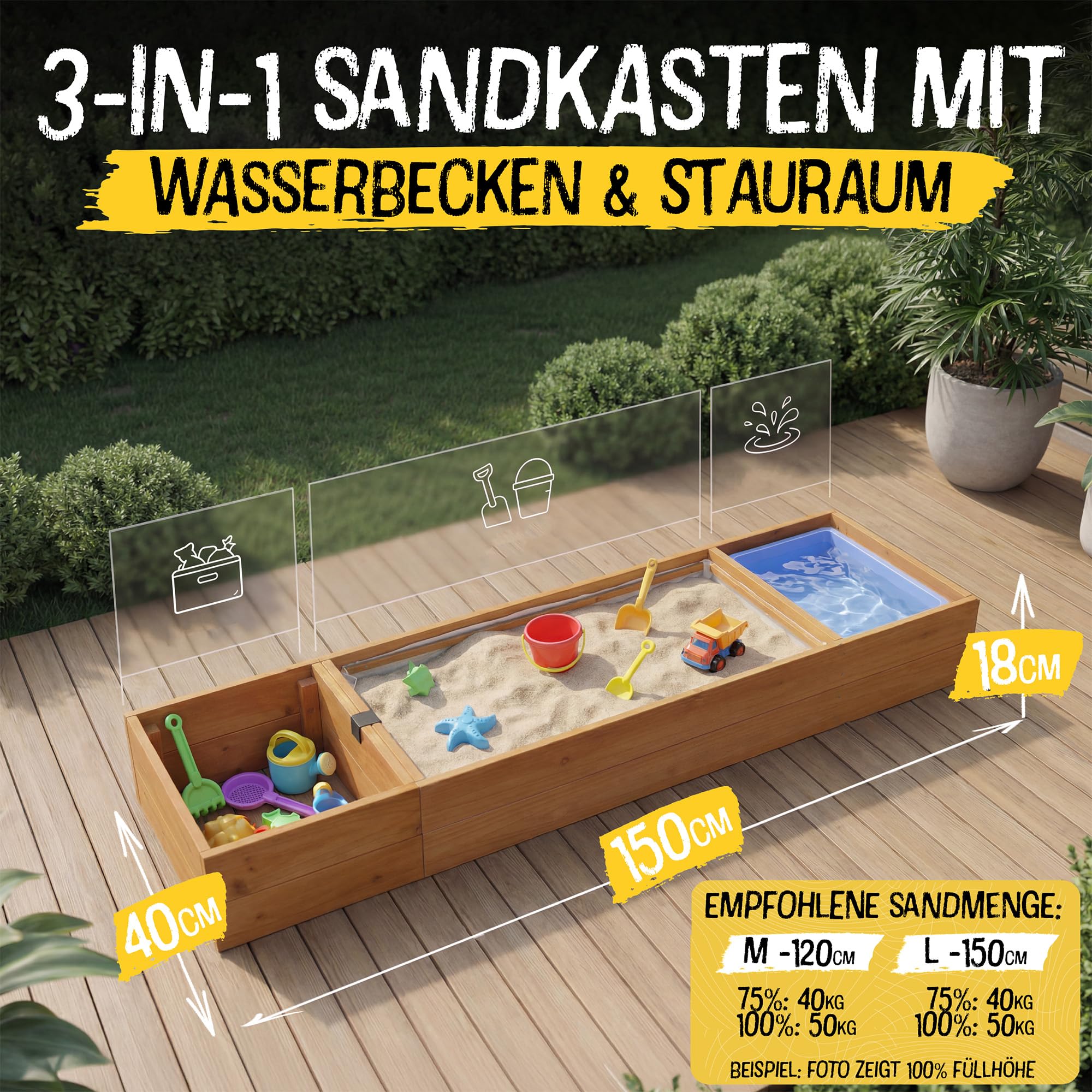 FRIEDO Sandkasten mit Abdeckung 150x40cm aus lasiertem Holz und Deckel I Sandkasten mit Matschküche I Sandbox ideal für Balkon, Terrasse und Garten I Sandkiste mit Abdeckung für kleine & große Kinder - 3