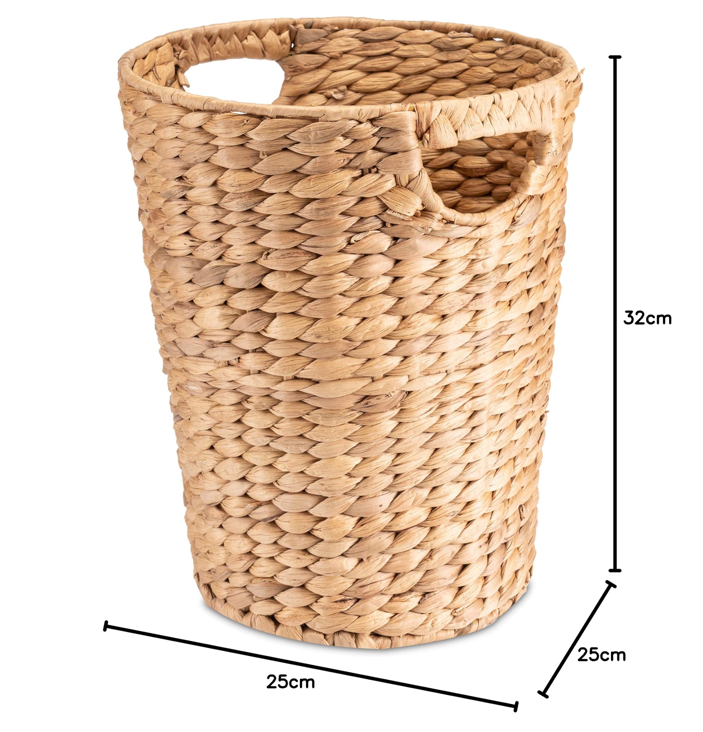 Decorasian Kosz na papier pleciony z hiacyntu wodnego – kosz na śmieci z uchwytem – średnica 25 cm u góry, 19 cm na dole, wysokość 32 cm