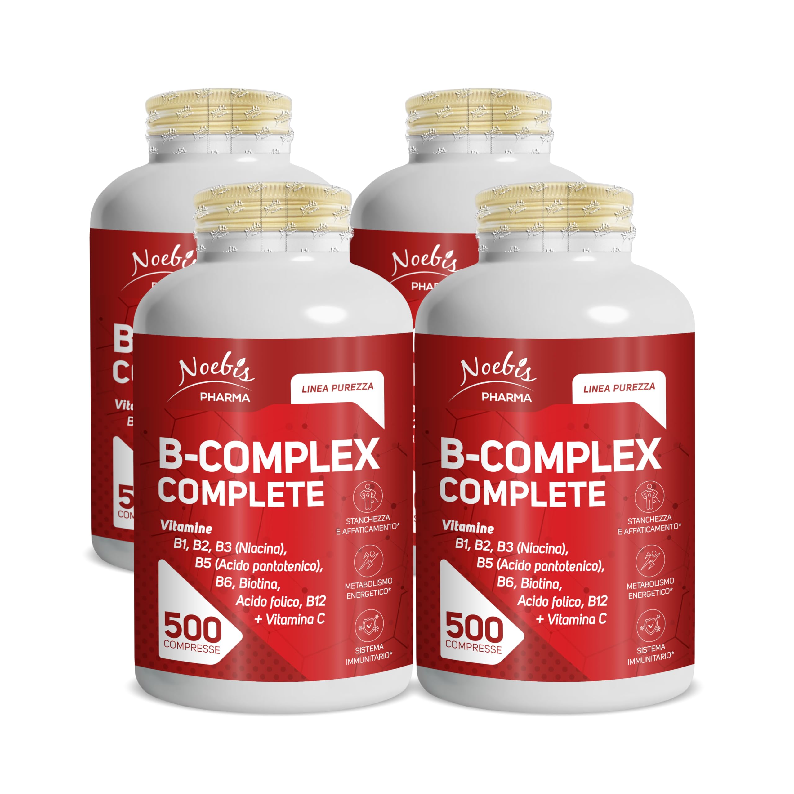 Vitamina B Complex Noebis Pharma con Vitamina C - B1 B2 B3 B5 B6 Biotina Acido Folico B12-500 Compresse Maxi Scorta (Confezione da 4)