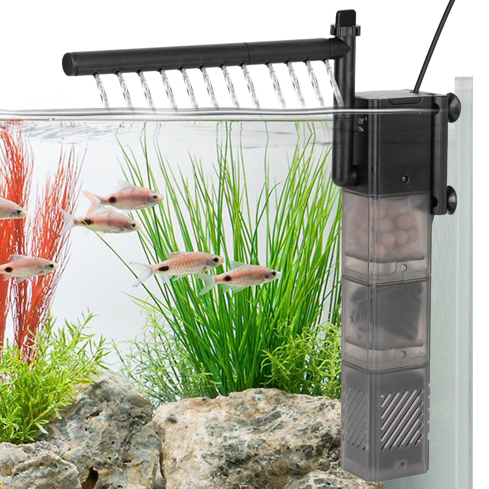 hyggerAquarium Filter DC 5V Multiple Function Power Quiet Fish Tank Filter with Rainfall Aeration 3-Stages Filtration Adjustable Submersible Internal Fish Filter for 35-45 Gallon