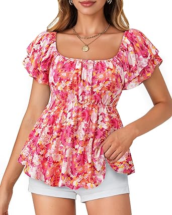 Womens Off Shoulder Boho Floral Blouse Short Sleeve Flowy Dressy Casual Top