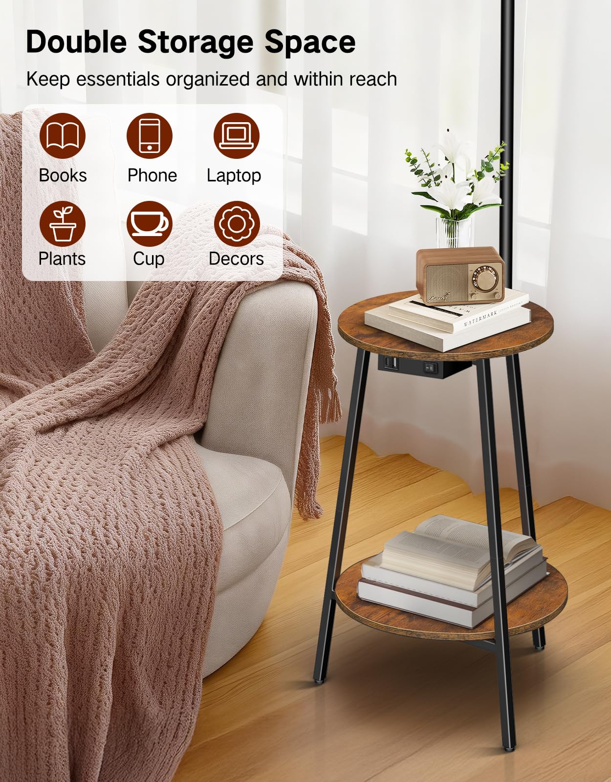 Lampada da Terra con Tavolino, LED Dimmerabile con Telecomando, 3 Temperature Colore, Mensola con Ricarica USB per Soggiorno Camera Ufficio (Marrone Rustico Rotondo)