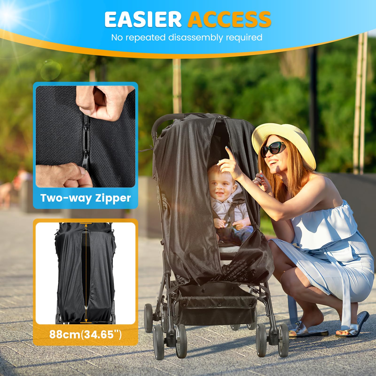 Orzbow Pram Sun Shade, Universal Sun Shade for Pram Breathable Stroller Sun Shade with Two-Way Zip, Strong Sun Shading - Image 3