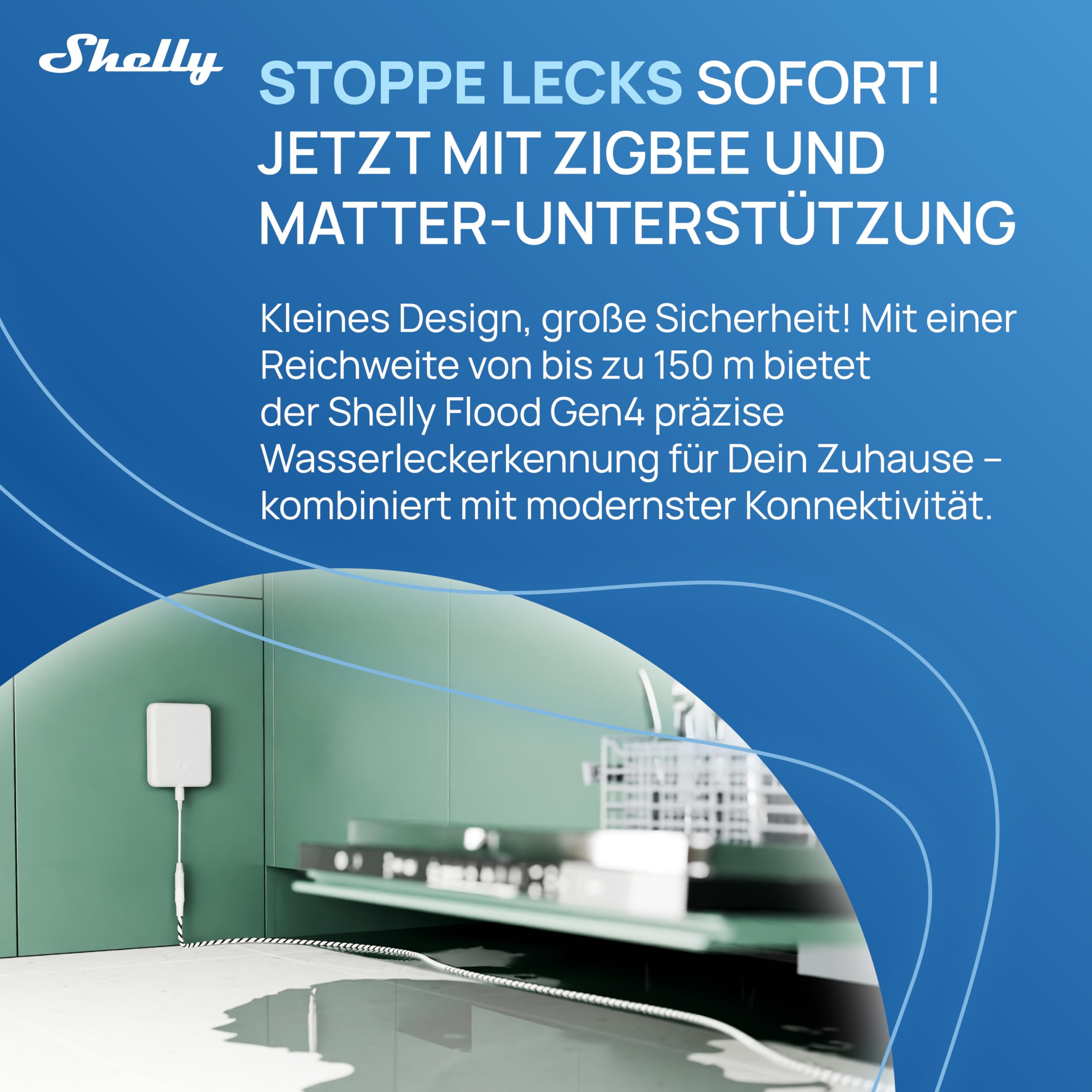 Shelly Flood Gen4 Wassersensor mit Leck-Sensorkabel IP44 Flut- & Regenerkennung Alarmstufen Leckerkennung Zeitschaltuhr Alexa Google Home Zigbee