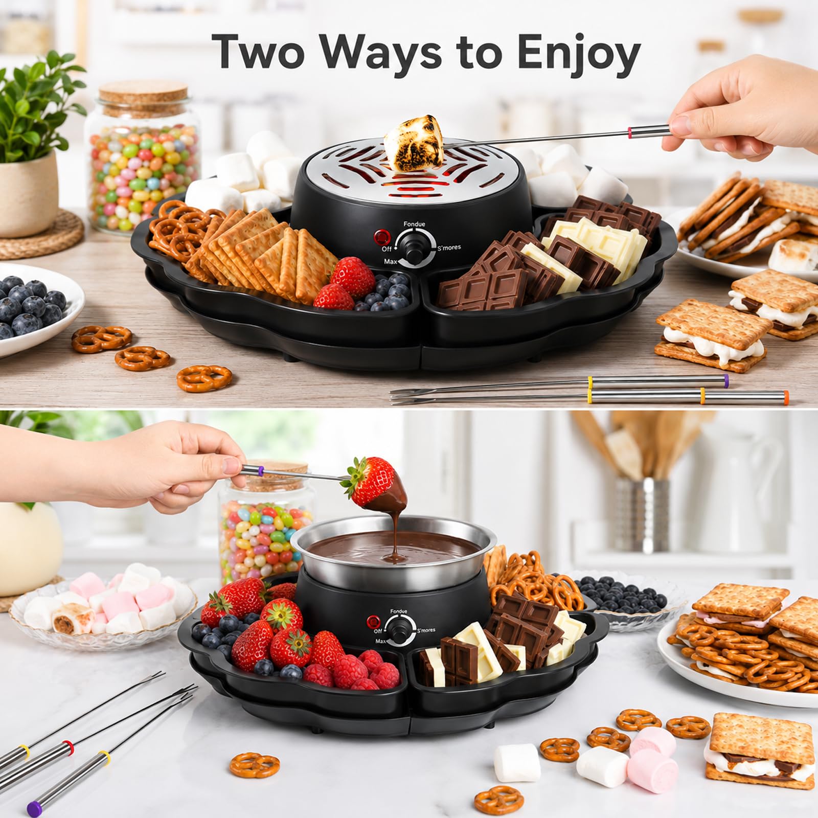 Set 2 en 1 de S'Mores y Fondue, Tostador sin Llama con 3 Niveles de Calor