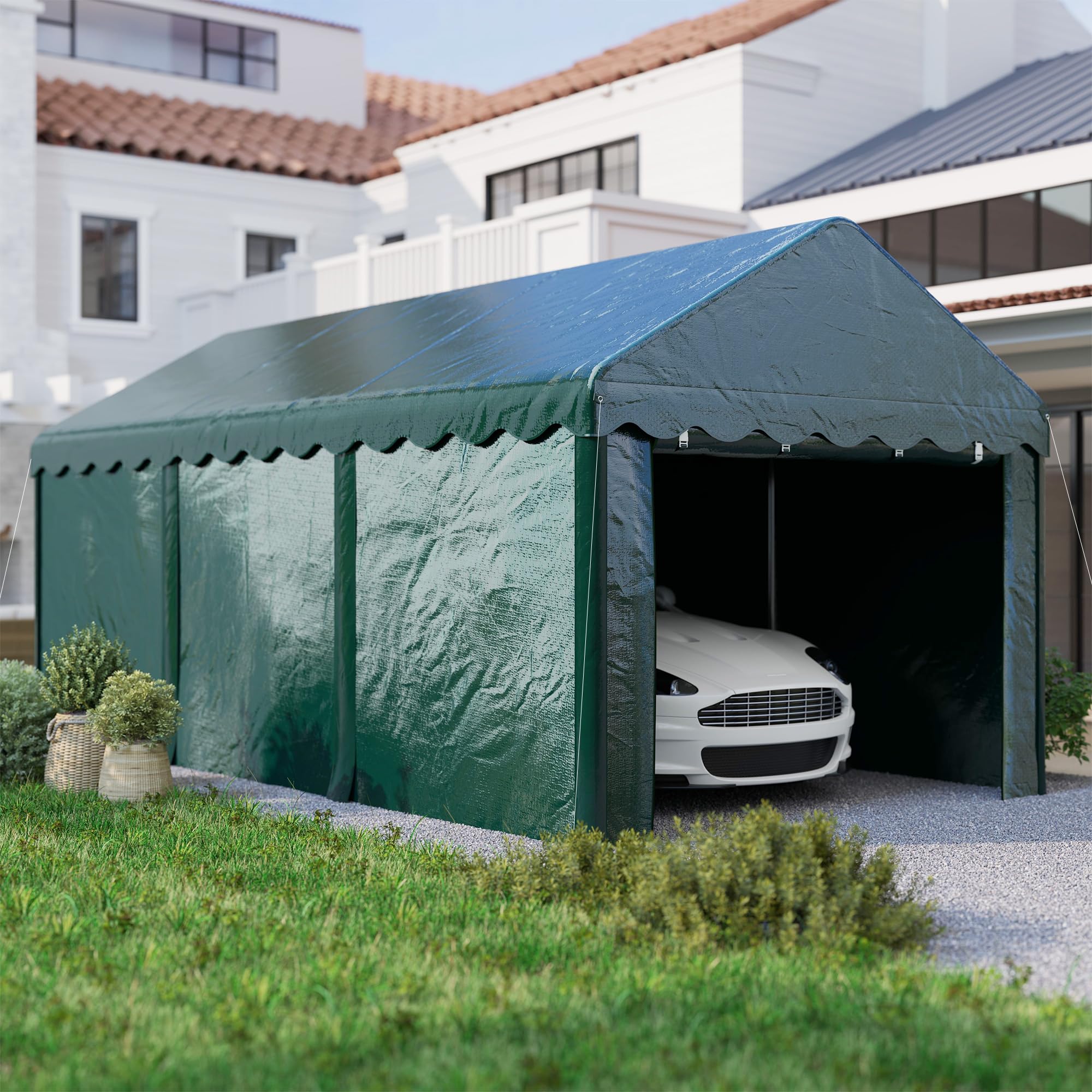 Outsunny Tenda da garage Carport 3 x 6 m con 2 porte avvolgibili, tessuto PE 200 g, resistente ai raggi UV e impermeabile, per auto, camion, barca, verde