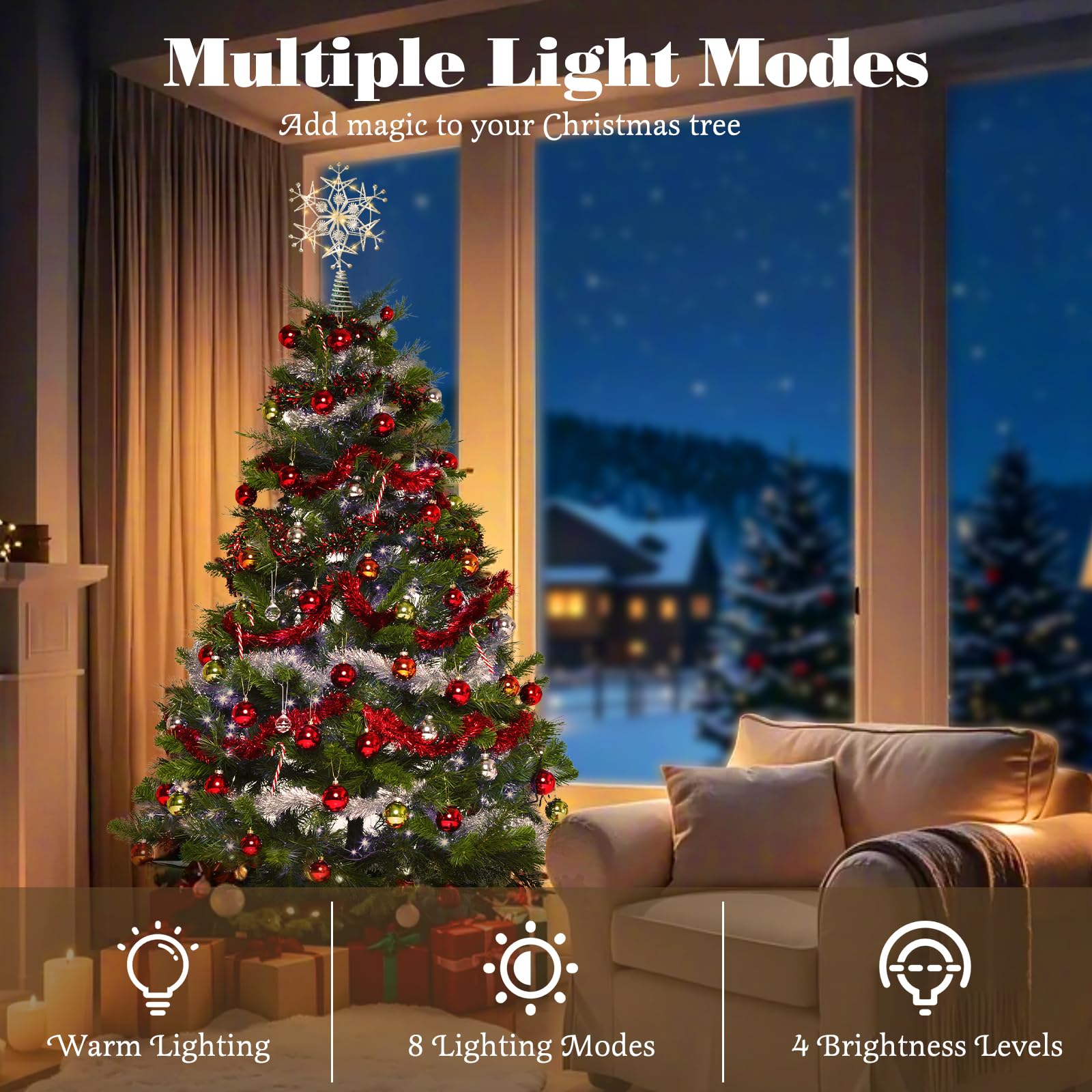 Lewondr Christmas Tree Topper, Metal Frame Snowflake Christmas Tree Topper with 15 Light Beads - Image 2