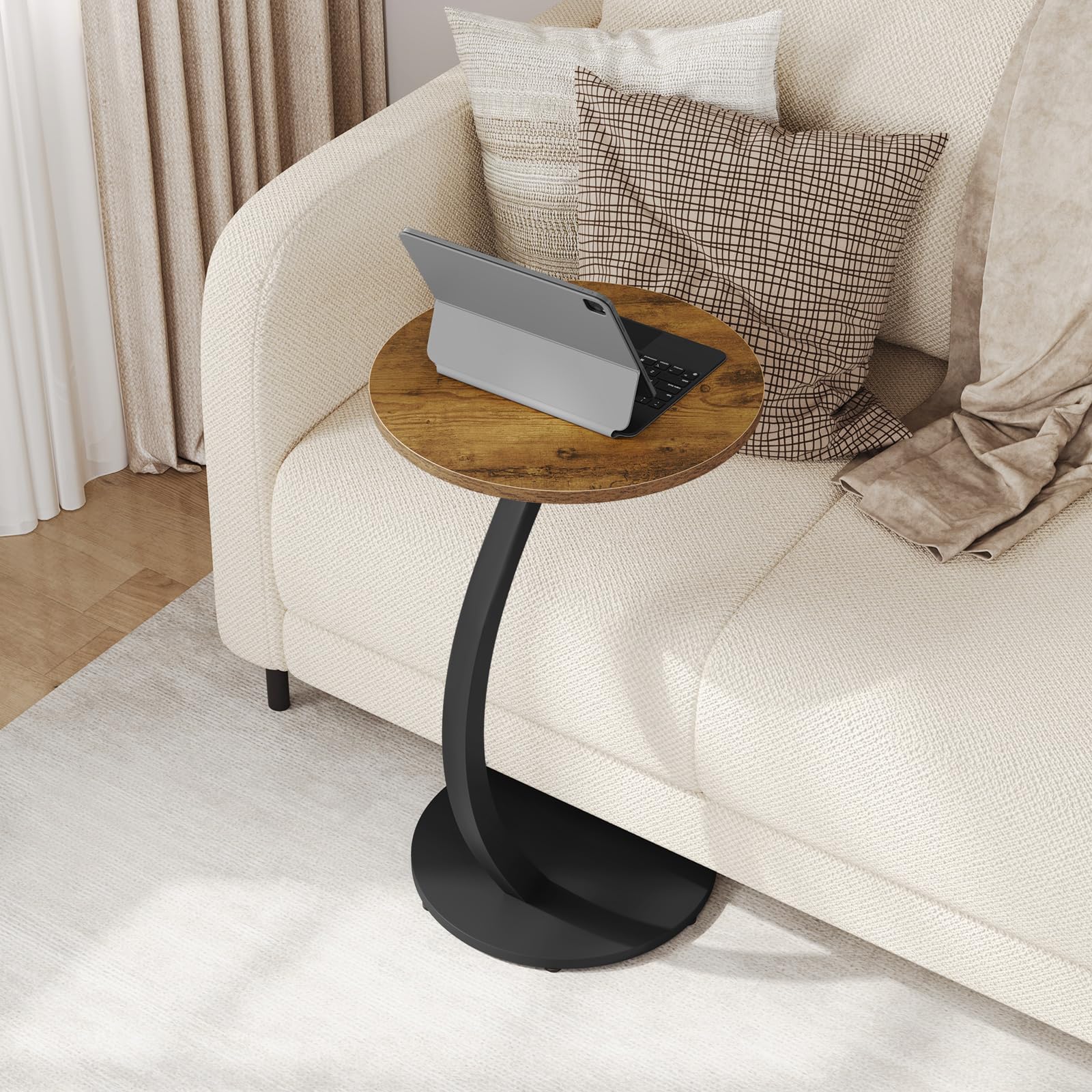 WOLTU Table d'Appoint en Forme C, Table Basse Ronde | Métal et Bois Artificiel,ASSEMBLAGE FACILE,Convient au salon,Capacité de charge maximale de 10 kg,Effet Bois Vintage,φ40x65cm