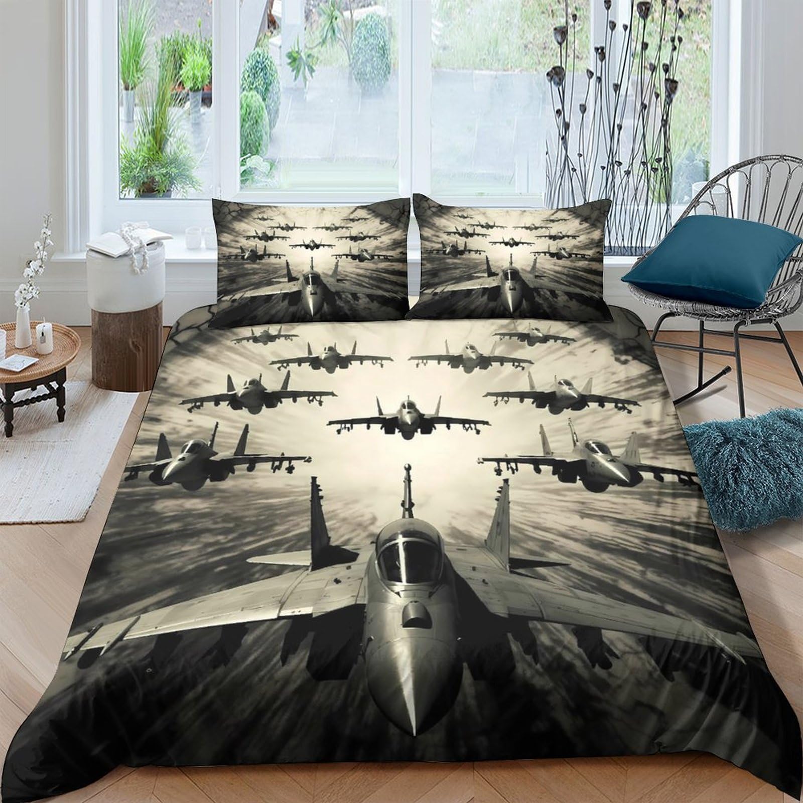 Ctjqhvkz Style-6 3D Printed Fighter Jet Fitted Sheet Microfiber Black Grey Aircraft Bed Cover For Bedroom Dorm Room Decor Mattress Protection Single（135X200cm）