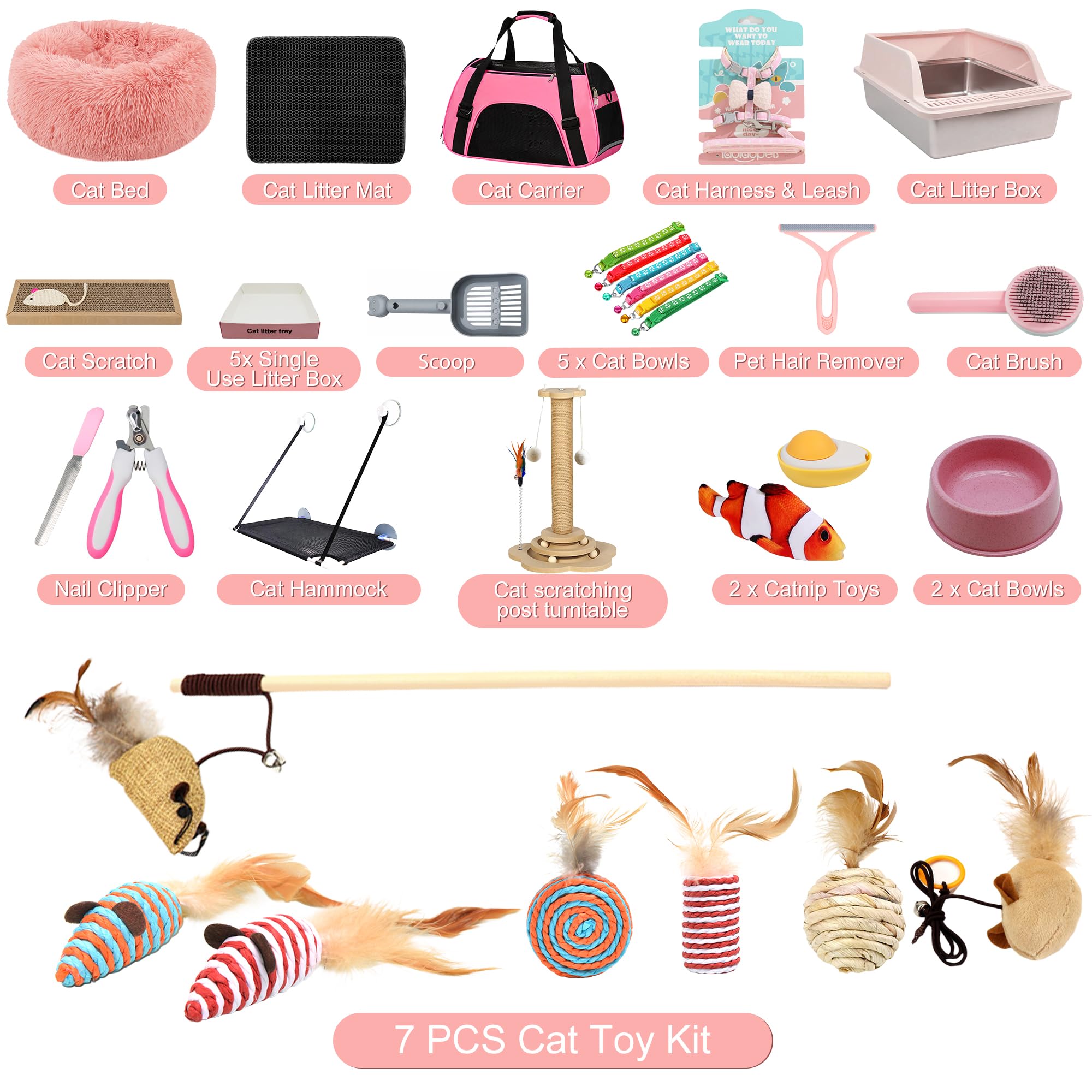 Kit de iniciación de gatitos de alta calidad de 36 piezas para gatos de interior, juego completo de artículos esenciales para gatos con caja de arena de acero inoxidable, bolsa de transporte, cama