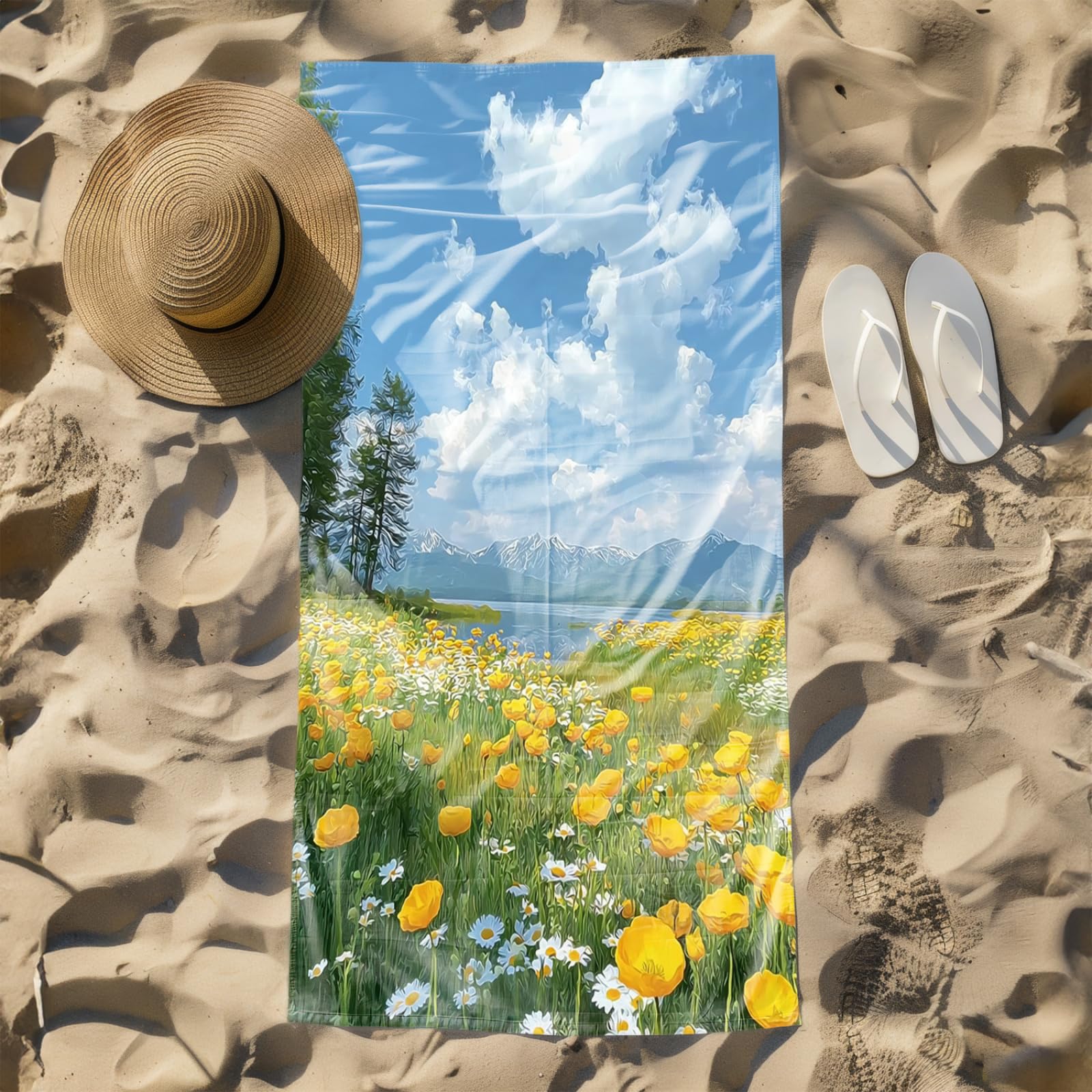 Telo Mare Microfibra Grande 200X200 Fiore Giallo Telo da Mare Matrimoniale Xxl,Ad Asciugatura Rapida, Telo Bagno Senza Sabbia,Spiaggia, Campeggio, Escursionismo, Picnic
