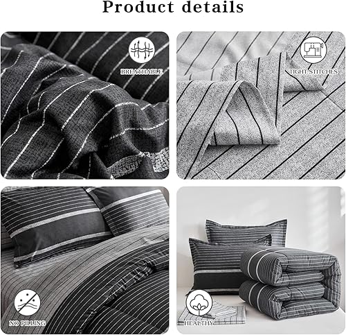 Miniatura 5 de Flysheep Juego de sábanas de 6 piezas a rayas bohemias degradadas en una bolsa, tamaño individual, a rayas blancas sobre negro y gris oscuro (1