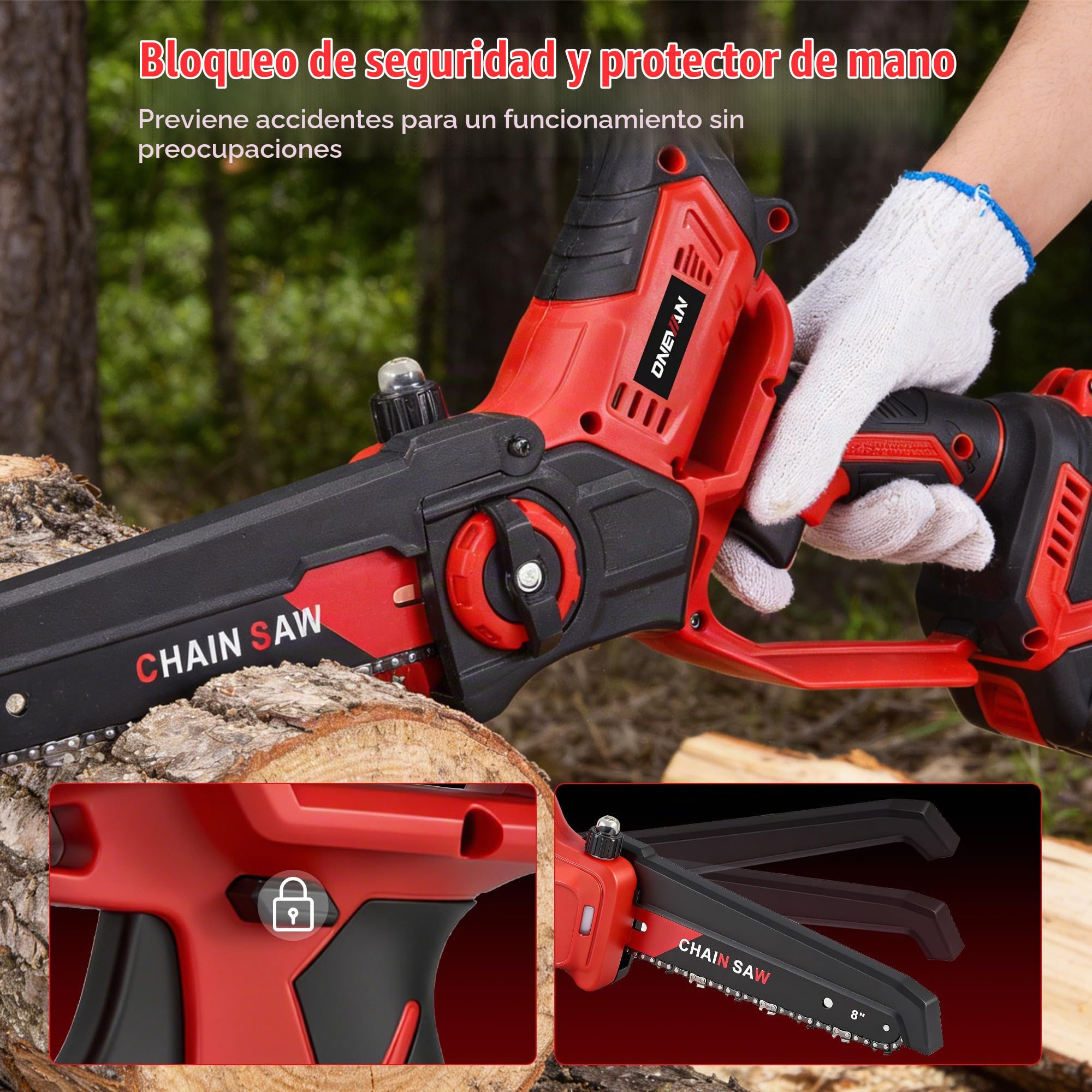 ONEVAN Motosierra Telescópica a Batería 4 en 1, Motor Brushless 700W, Podadora de Altura con Espada de 8" y 6", Pértiga Extensible 2,5m, Cabezal Giratorio 180°, 2 Baterías 3,0Ah, para Jardín y Poda