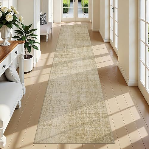 Joydeco 2x10 Hallway Runner Rug, Non Slip Machine Washable Vintage Rug, Low Pile Chenille Print Rugs for Entryway, Bedroom, Dining Room, Kitchen and Corridor,Beige