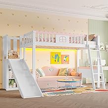 Single Loft Bed with LED, Loft Bed with Shelves, Children's Bed 90 x 200 cm with Slide, White Pine (No Mattress)