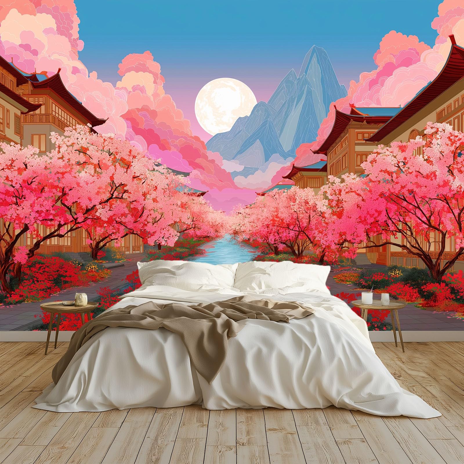 Générique Animowana tapeta panoramiczna kwiaty wiśni flaga górska 3D 250 x 175 cm, włóknina XXL nowoczesna dekoracja ścienna salon sypialnia biuro pokój dziecięcy, niebieska