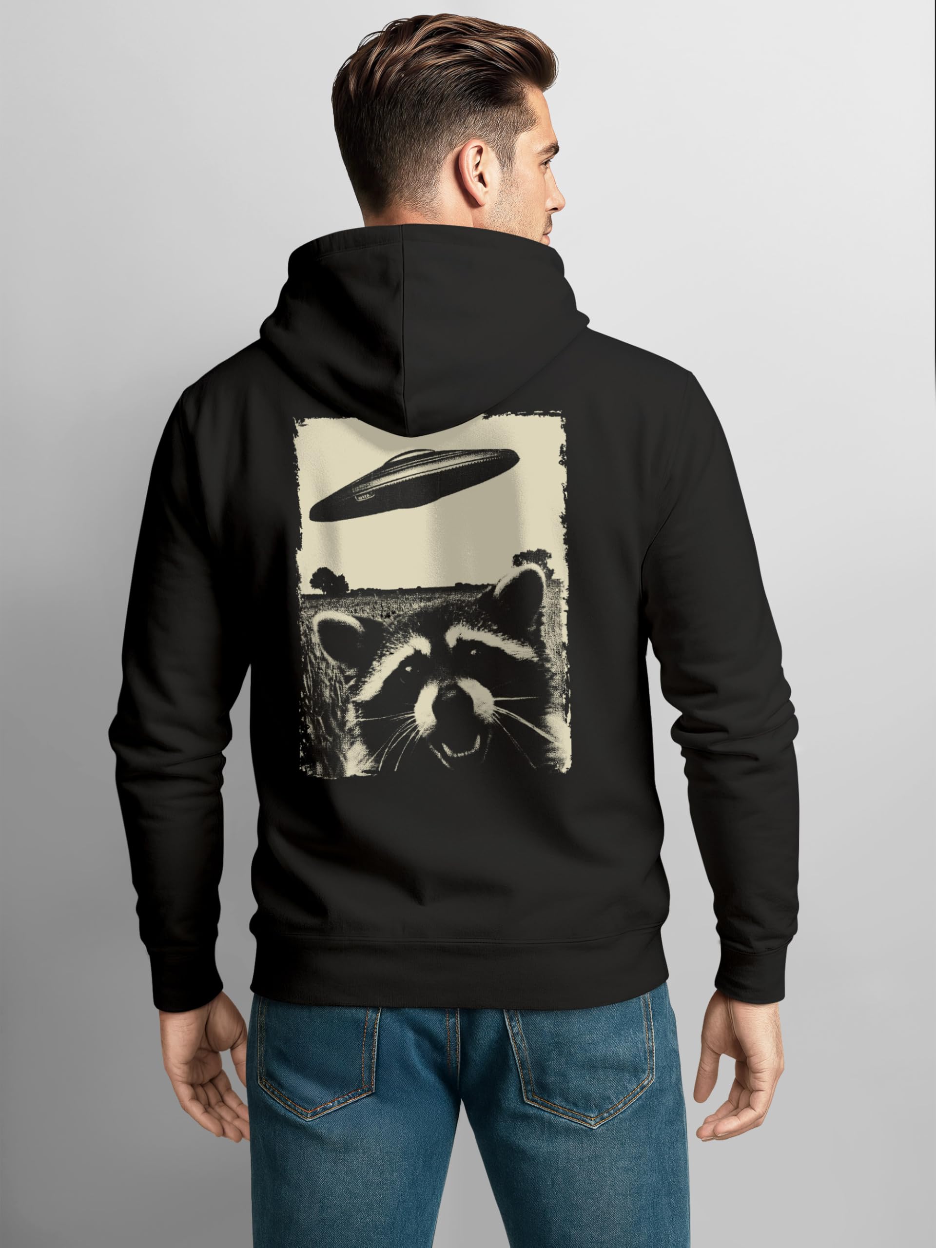 Neverless® Hoodie Backprint Herren UFO Waschbärr Alien Print Rückenaufdruck Kapuzen-Pullover Männer Fashion Streetstyle