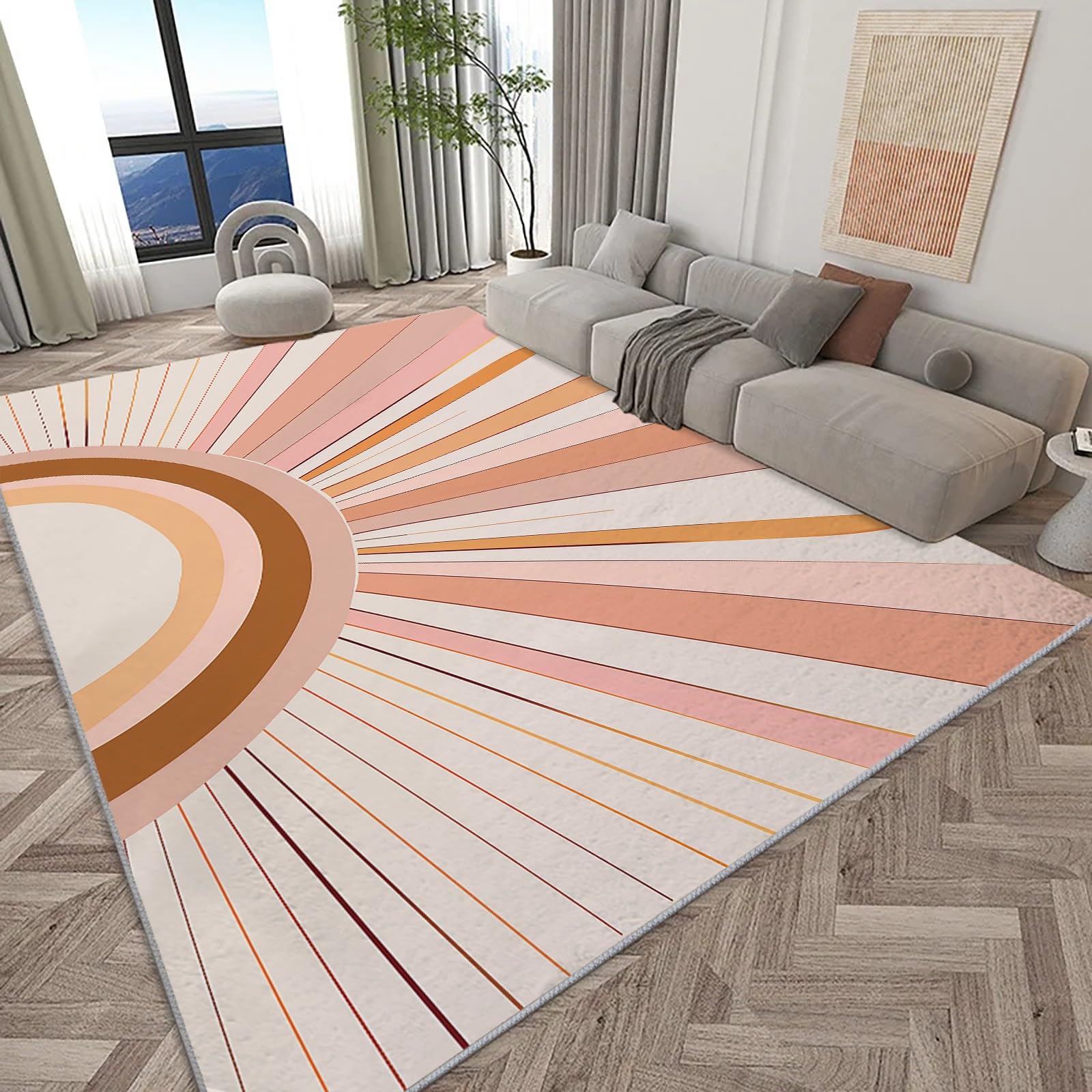 Tapis de salon rétro soleil doux au tissage ras rectangulaire