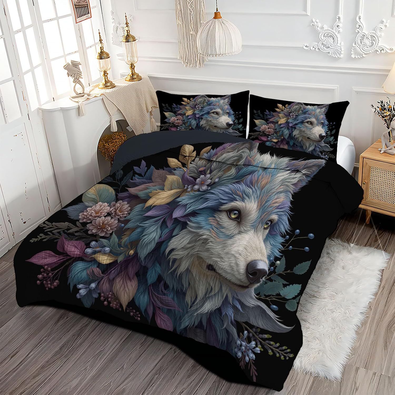 Kids 68" x 86" Coverless Duvet for All Seasons, Reversible Washable 2 Pcs Quilt with Leaves Flowers Patterns, Black Comforter with 1 Pillowcases 50x75cm, Twin
