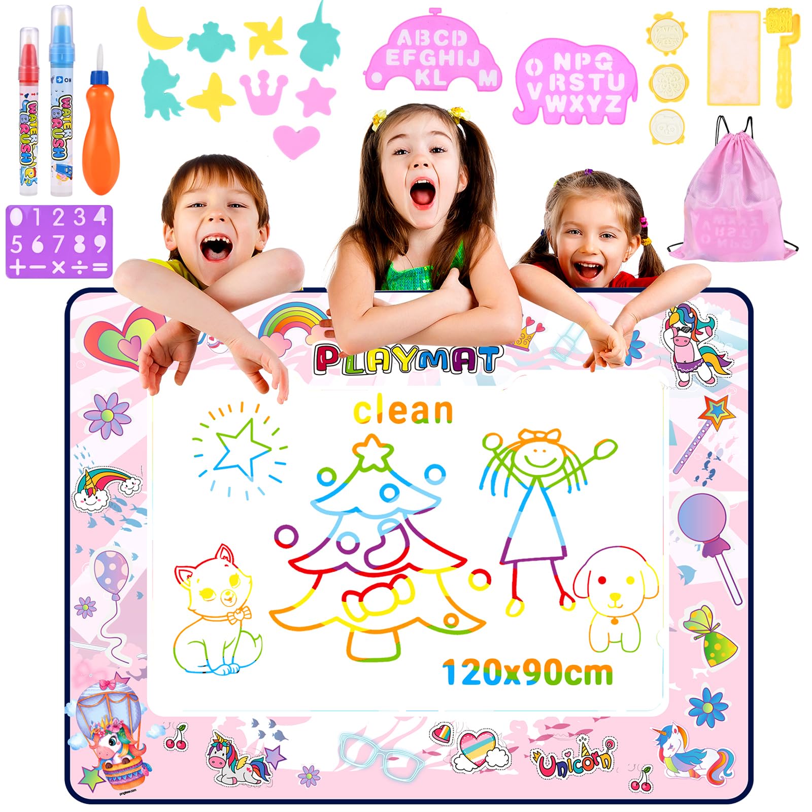 Nabance Malmatte mit Wasserstift Wasser Matte Doodle 120 * 90cm Wassermalmatte Super Groß XXL Drawing Matte mit 3 Wasserstift 9 Stempelset Aufbewahrungstasche Geburtstag Geschenke für Kinder