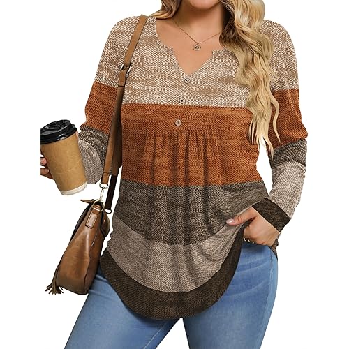 IN'VOLAND Womens Plus Size Long Sleeve Shirts Fall Tunic Top V-neck T-Shirt Button Up Dressy Casual Blouse 1X-5X