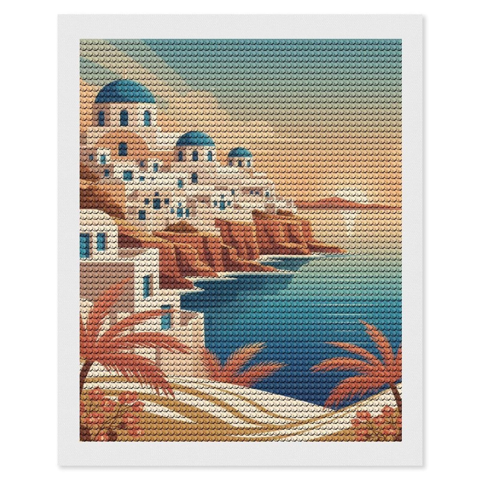 Junmoney Santorini Greece Coastal View Diamond Art Canvas 16"x20", for Creative Relaxation, Simple to Start, Aesthetic Room Decor, Holiday Gift Idea
