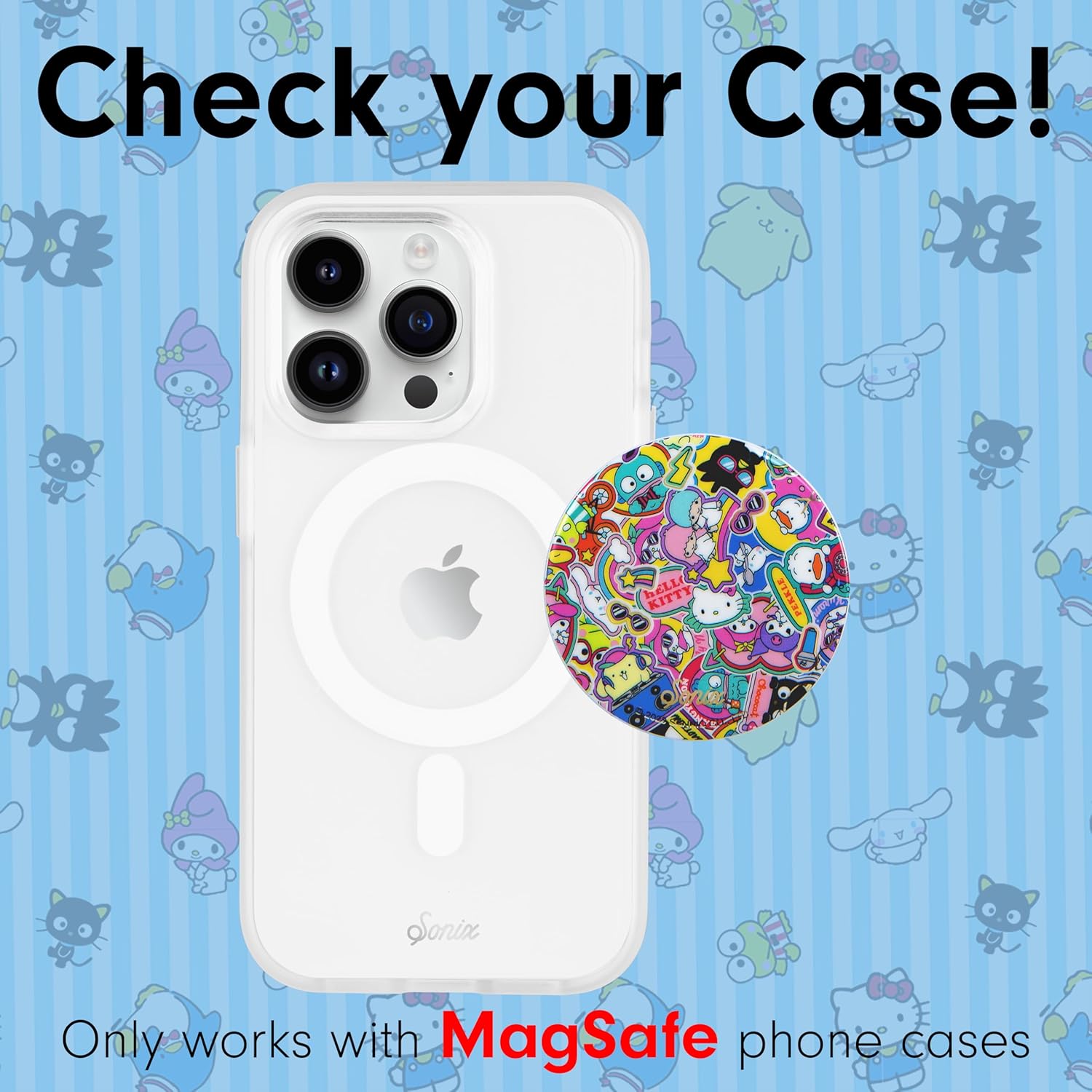 Sonix x Sanrio MagLink Snap Grip | Magnetic Phone Grip Holder and Collapsible Kickstand | Compatible with MagSafe | Hello Kitty and Friends Stickers - Image 3