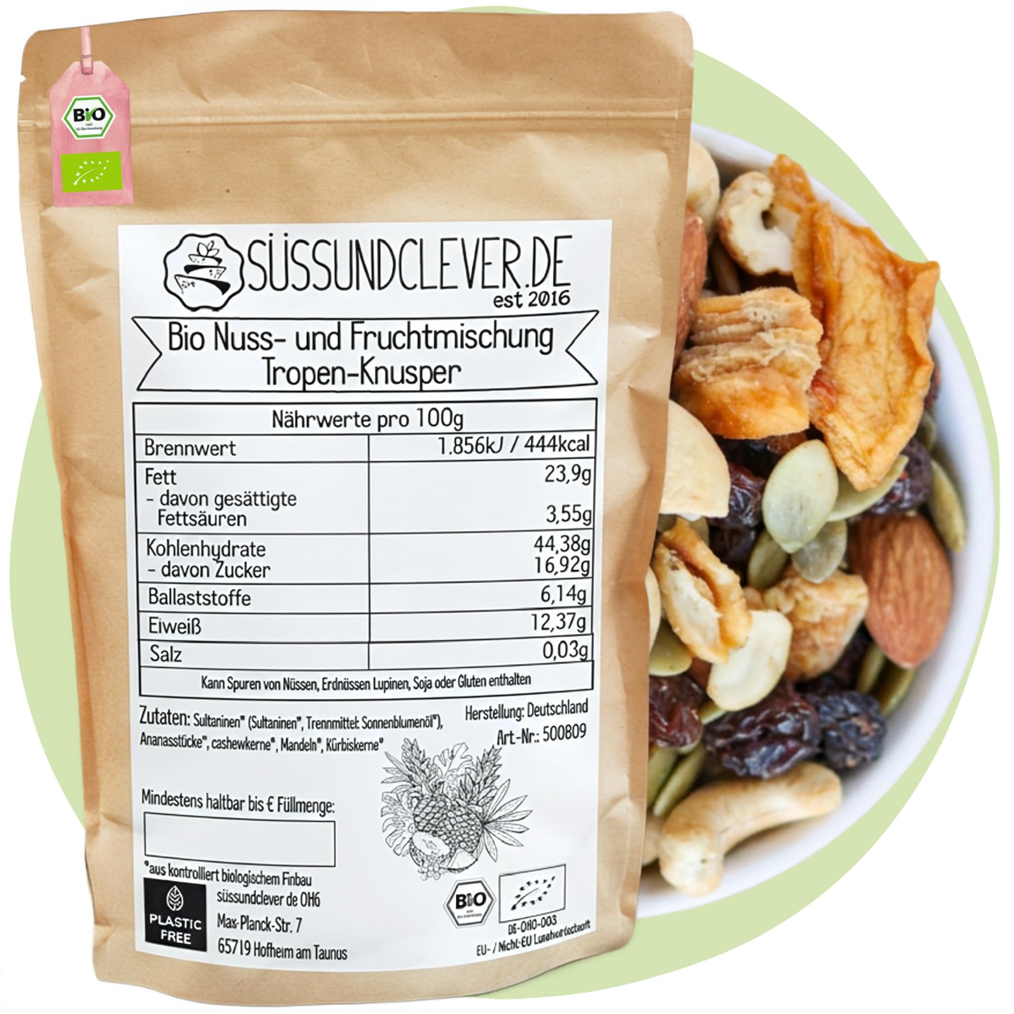 süssundclever.de® Bio Studentenfutter "Tropen-Knusper" | 3,0 kg (3 x 1,0 kg) | mit Ananas-Tidbits, Cashewkernen & Kürbiskernen | Nuss- & Fruchtmischung | Ohne Zuckerzusatz