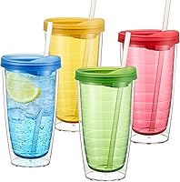 KX-WARE 20oz Double Wall Insulated Colorful Plastic Tumblers with Lids & Straws - Set of 4 Shatterproof Cups