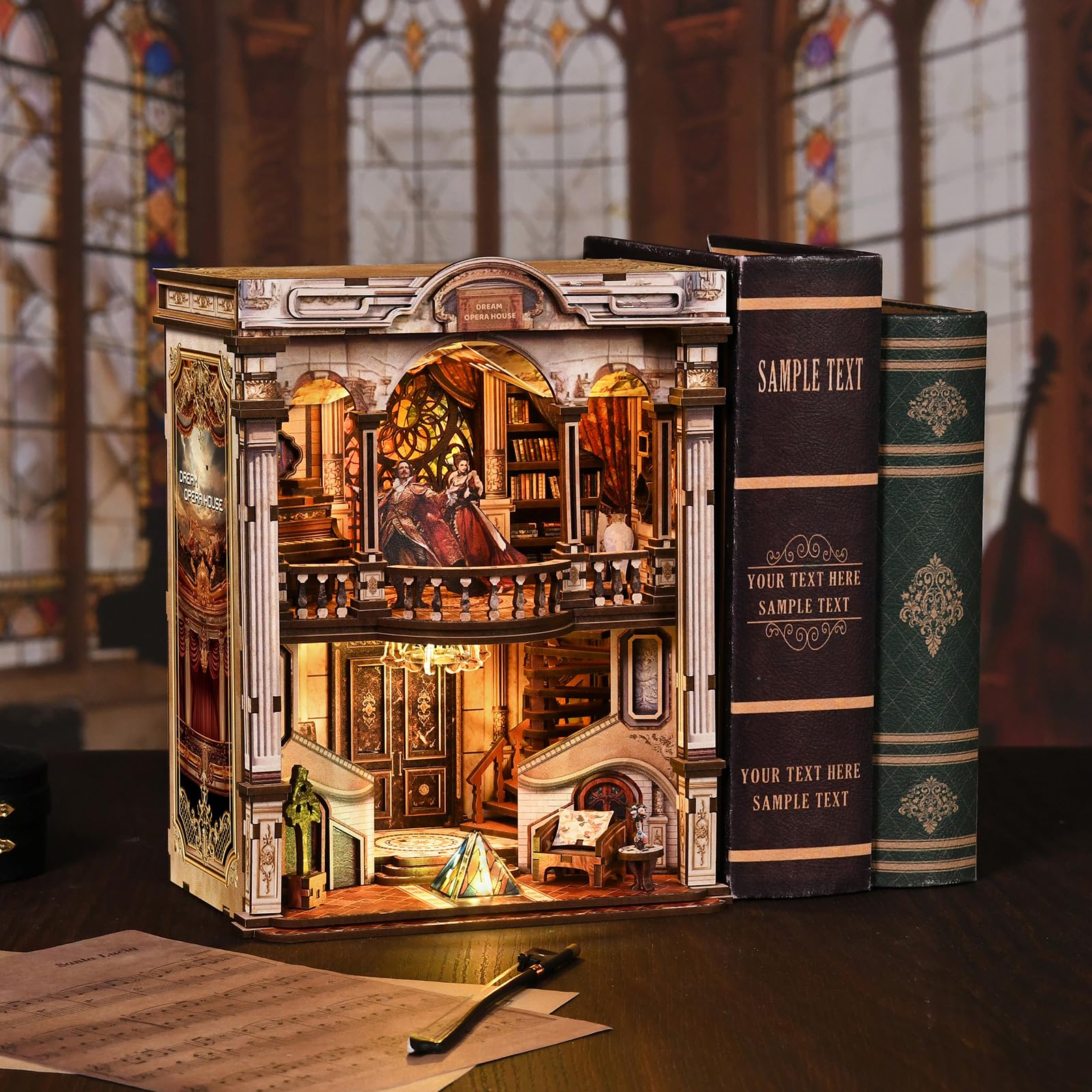 Book Nook Kit w klasycznym stylu vintage – wymarzona robota (Dream Opera House), miniaturowy dom, drewniane puzzle 3D z diodami LED, zestaw do majsterkowania dla dorosłych i młodzieży