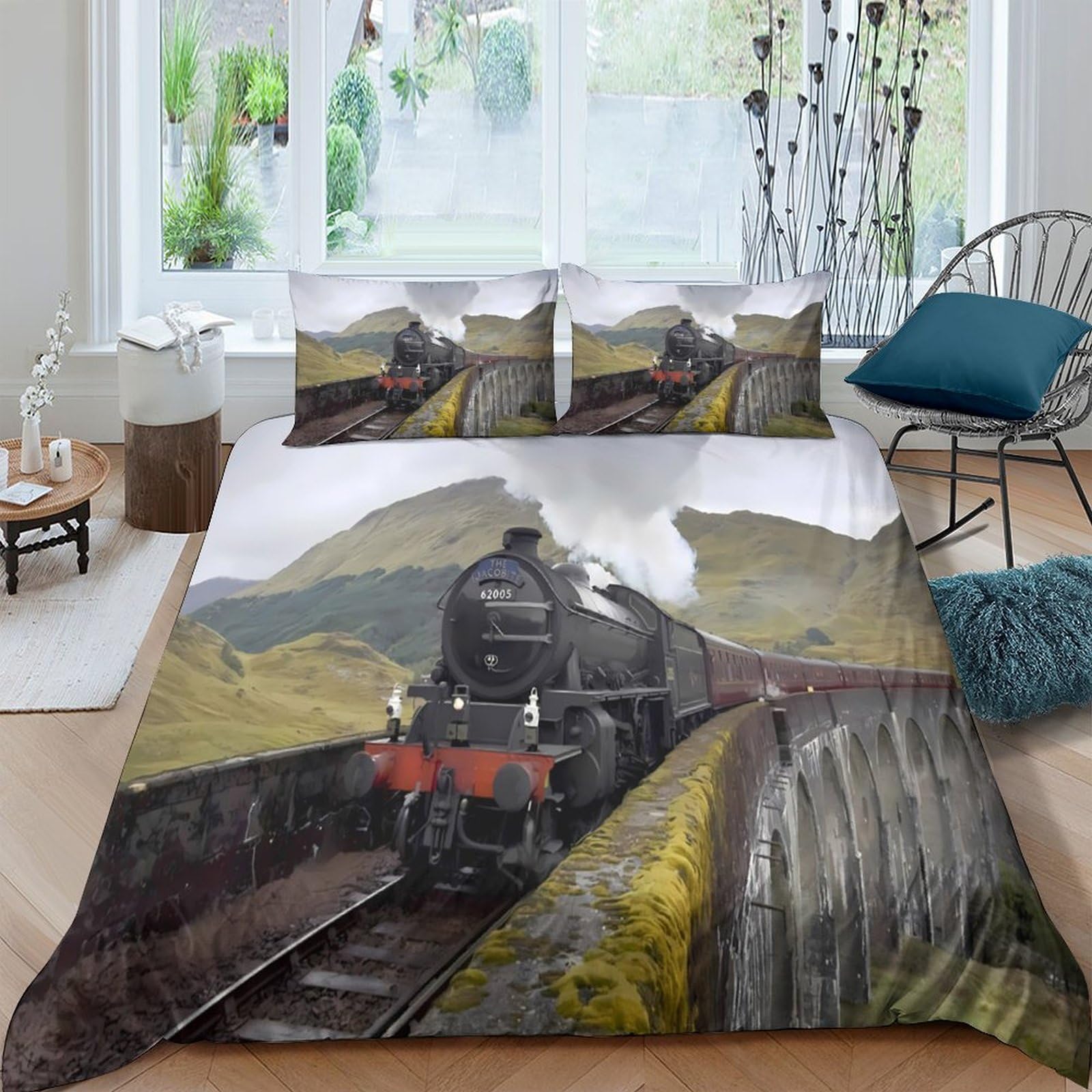 Ctjqhvkz Style-8 3D Printed Steam Train Fitted Sheet Microfiber Soft Railway Bridge Bed Cover Anti-Slip Machine Washable Bedroom Decor Single（135X200cm）