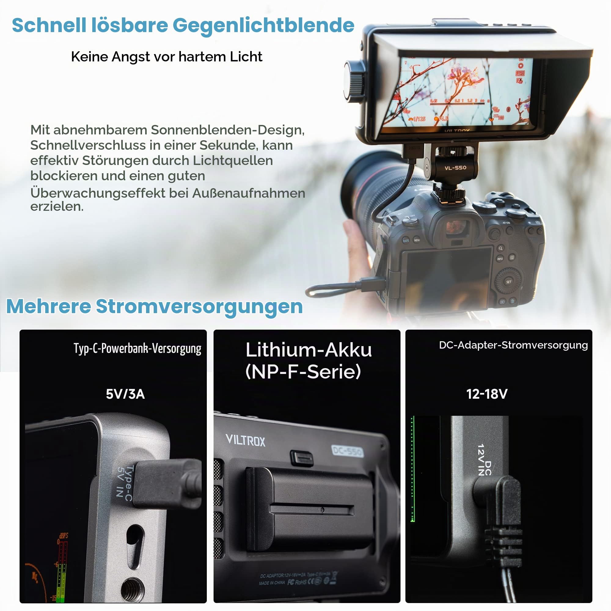 VILTROX DC-550 Touchscreen Kamera Field Monitor 5,5 Zoll 1200 Nits DSLR Camera Monitor 4K HDMI Eingang/Ausgang Full HD 1920x1080 IPS 3D-Lut Video Peaking Focus Assist mit Akku und Sonnenschutz haube