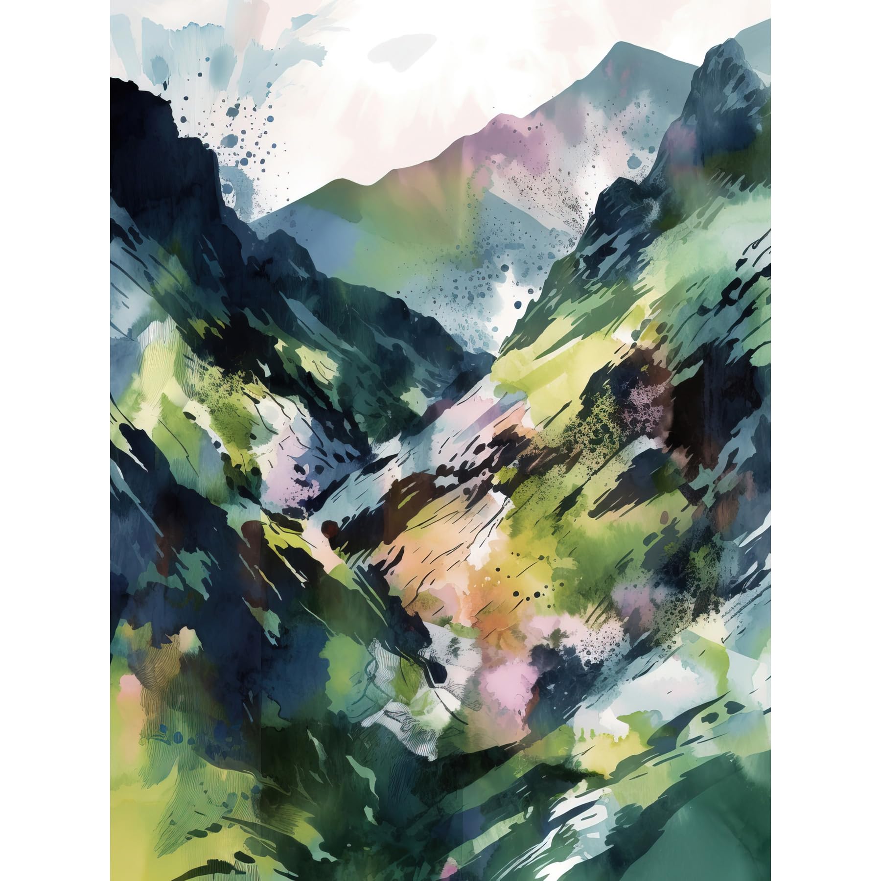 Artery8 Spring Mountain Slope Landscape Modern Linocut Illustration Print Large Wall Art Poster Print Thick Paper 18X24 Inch