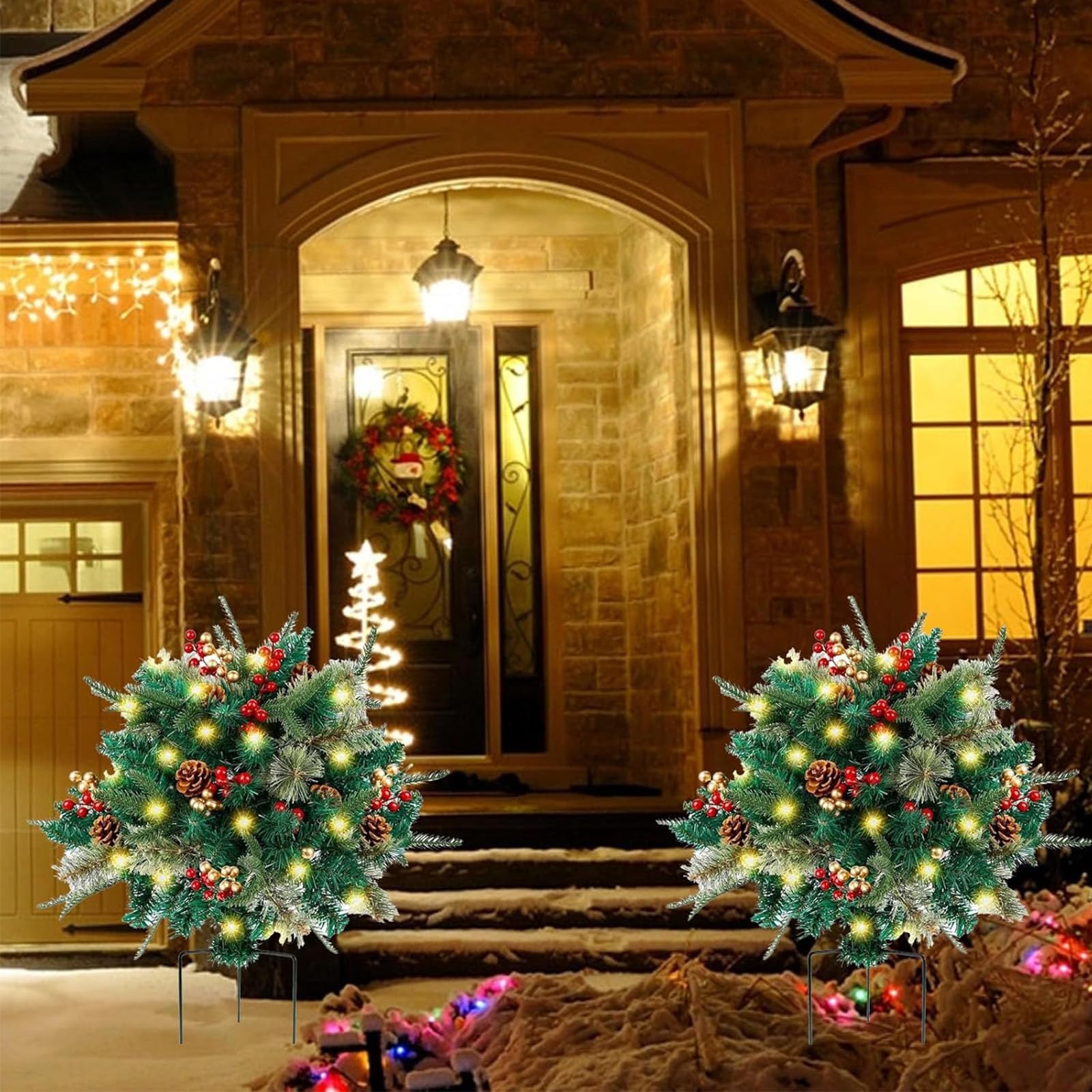 Maceta preiluminada, arbustos navideños, maceta de Navidad para exteriores, decoración de Navidad con estaca de trípode con luces LED