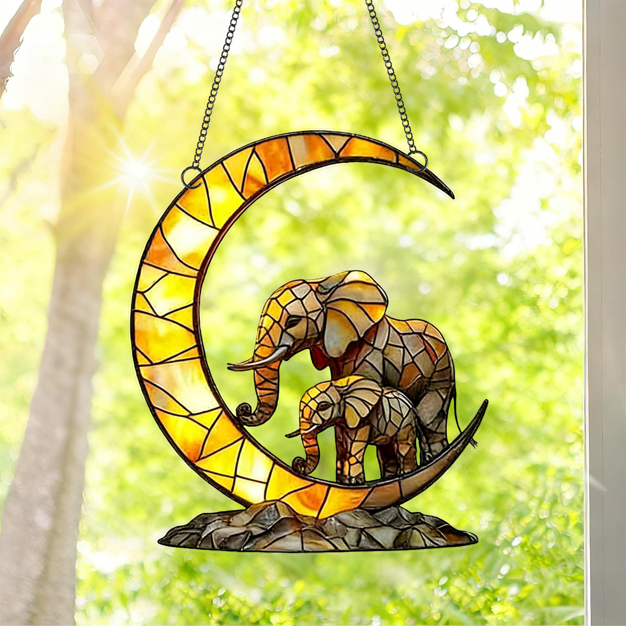 Crescent Moon Mother and Baby Elephant Acrylic Suncatcher with Hanging Chain, Warm Mosaic Window Decor for Home, Patio, Garden,Ideal Present for Family, Housewarming, Baby Shower/YX-42 — view 2