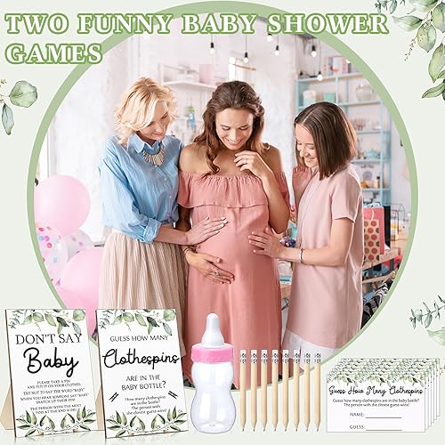 Miniatura 6 de Juego de 223 piezas de juegos de baby shower, adivina cuántas pinzas para la ropa incluyen, 1 biberón, 2 letreros de madera vegetal, 100 pinzas para