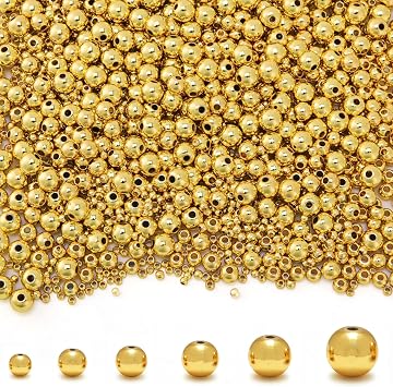 250Pcs 6mm 18K Gold Filled Spacer Beads for Jewelry Making, Smooth Round Beads for Bracelet, Seamless Ball Beads Brass Loose Beads Metal Beads for DIY Summer Hawaii Layered Necklace Bracelet Making