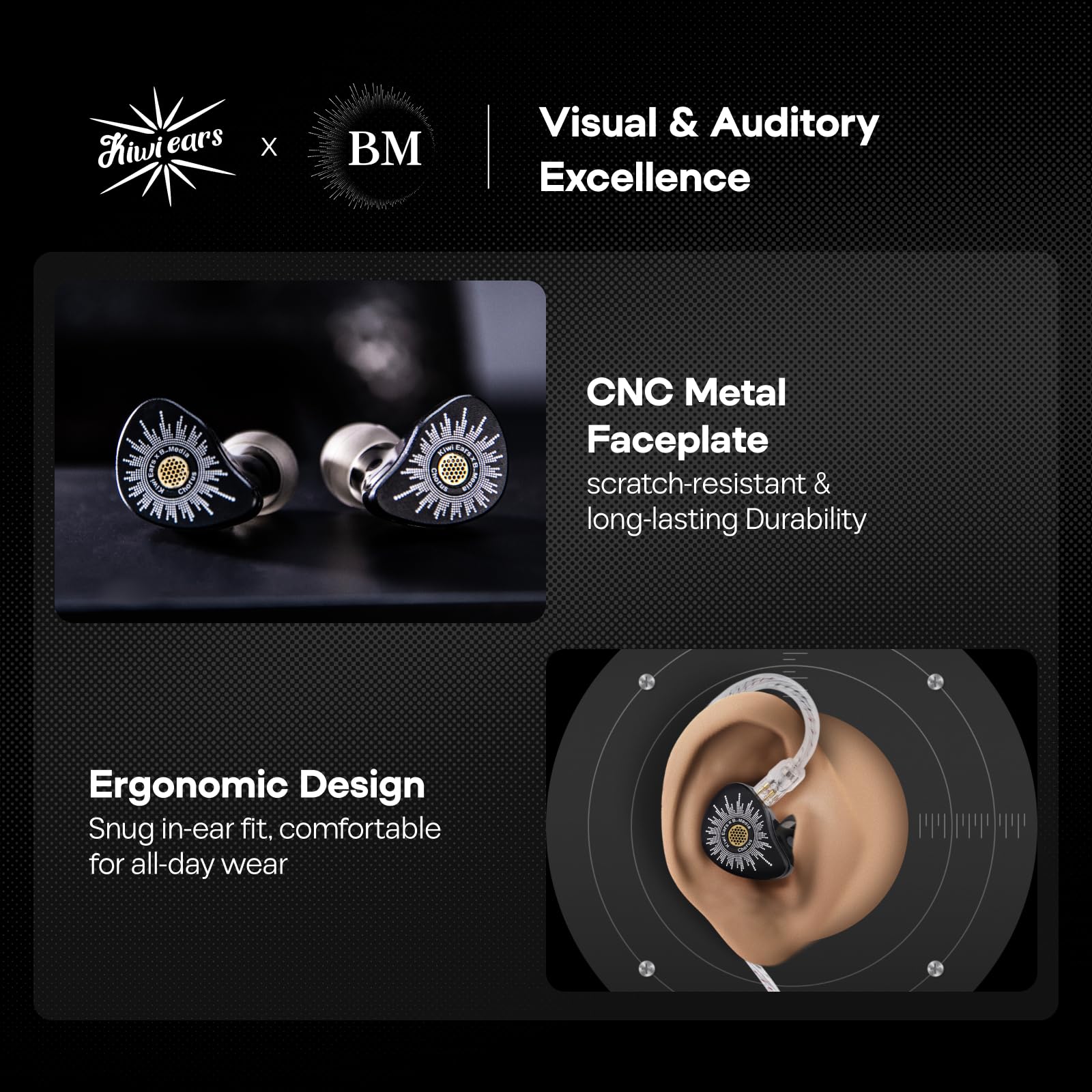 Kiwi Ears x B_Media Chorus In-Ear-Monitor, DLC-Membran Dynamic Driver IEM, mit CNC-Metallblende, kabelgebundene Ohrhörer mit doppeltem versilbertem Kabel für Musiker (1, Schwarz, 3,5 mm