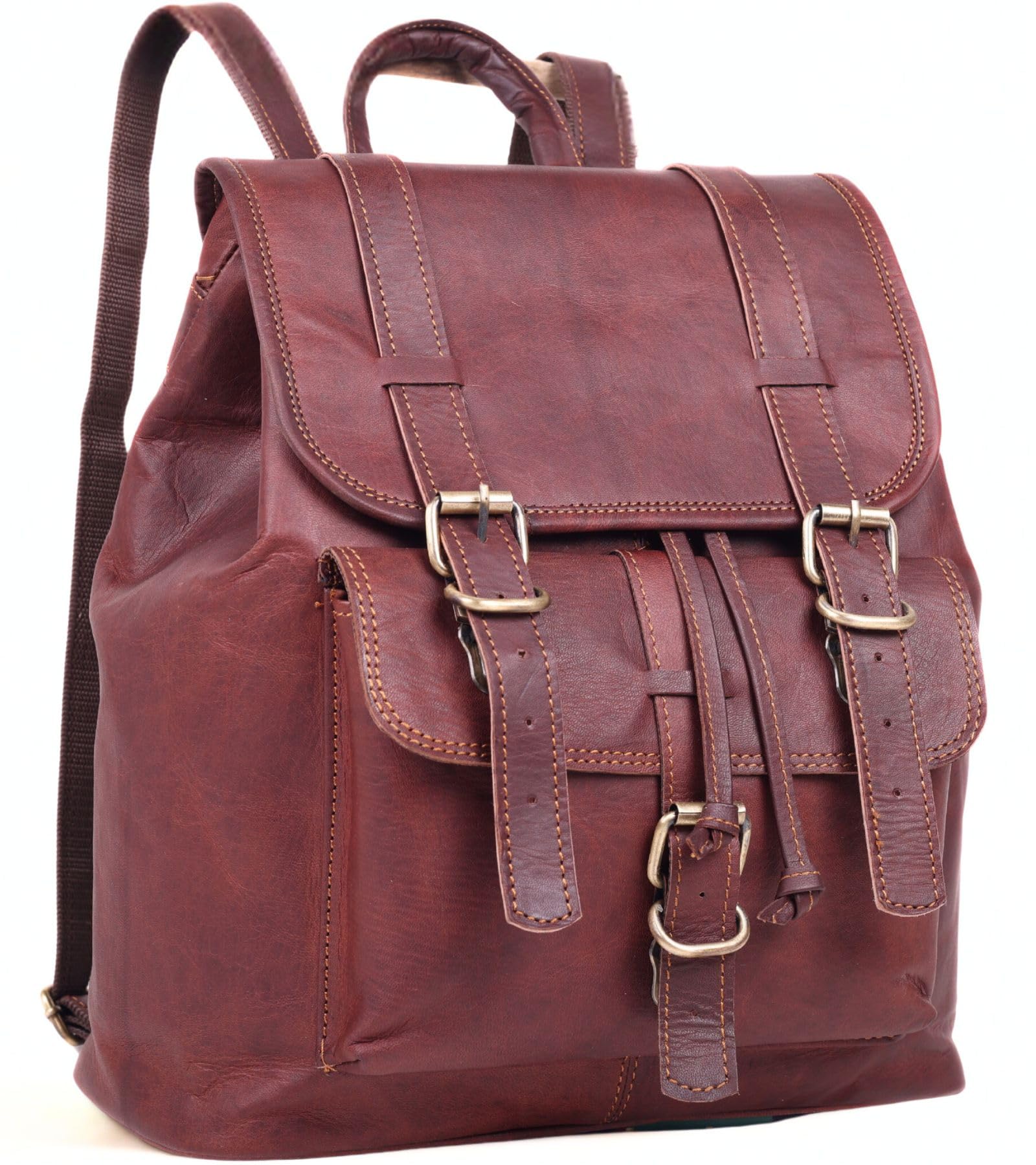 Lakshigo Handcrafted Real Leather Backpack Purse – 14" Brown Vintage Rucksack Ladies Leather Bookbag for Work, Travel & Everyday Use (Brown)