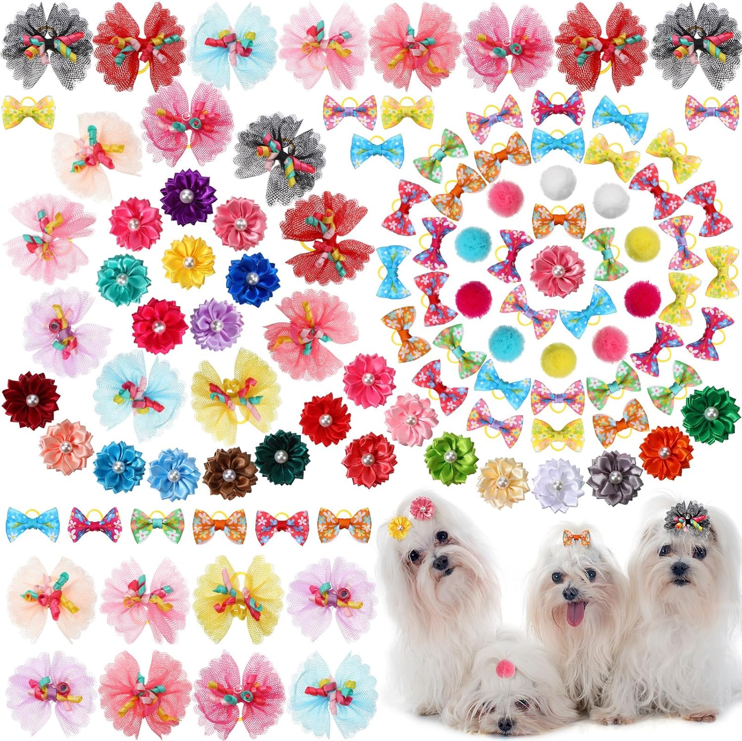 100 Pcs Assorted Dog Hair Bows for Small Size Dog Pet Bows with Rubber Band Bulk for Puppy Yorkie Hair Accessories