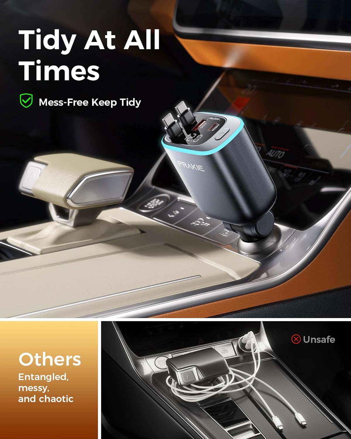 USB C Cable iPhone Car Charger, Retractable Fast USB C Phone Charger, Cigarette Lighter Adapter with 2 USBC Cables 25 Inch and 2 USB Ports, Multi Port Car Charging for iPhone 17/16/15/Pro Max-Gray