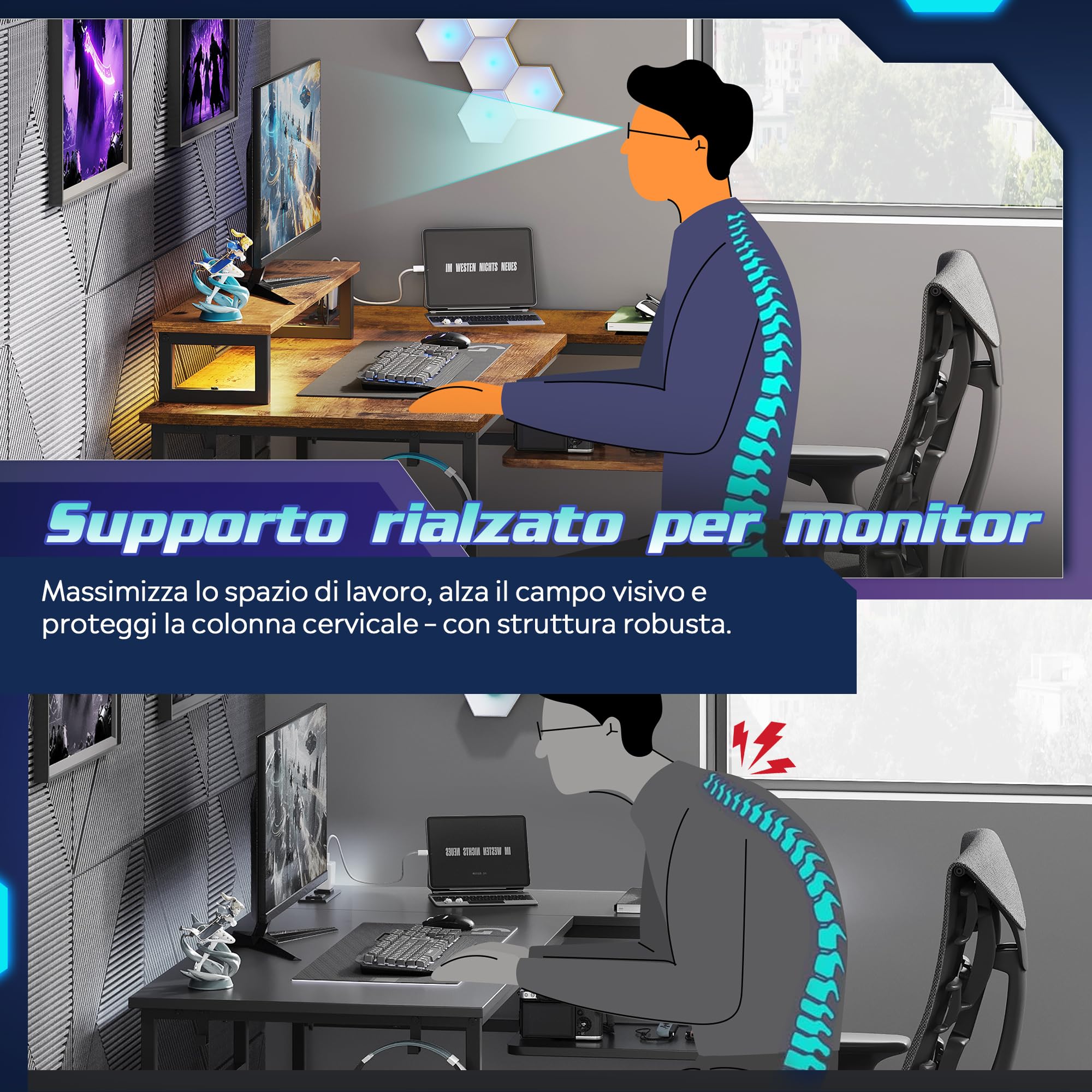 DEVAISE Scrivania Gaming Angolare 110x80cm, Scrivanie a L Salvaspazio con LED RGB, Scrivania da Ufficio con Corrente e USB, Supporto Monitor Ergonomico e Mensole per Camera e Studio, Rustic Brown