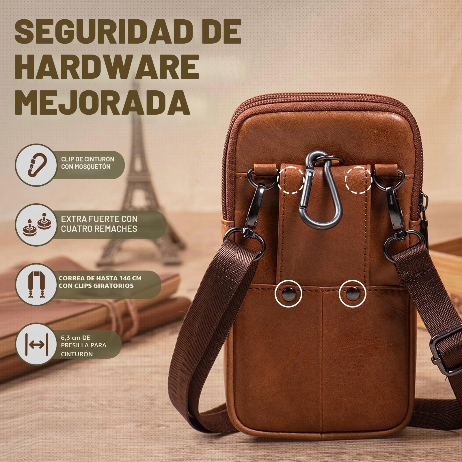 Multifuncional Cuero Genuino Doble Cremallera Bolsillos Hombres Vintage Look Bolso Bolso de Hombro teléfono cinturón Bolsa teléfono Funda para Viajes Actividades al Aire Libre