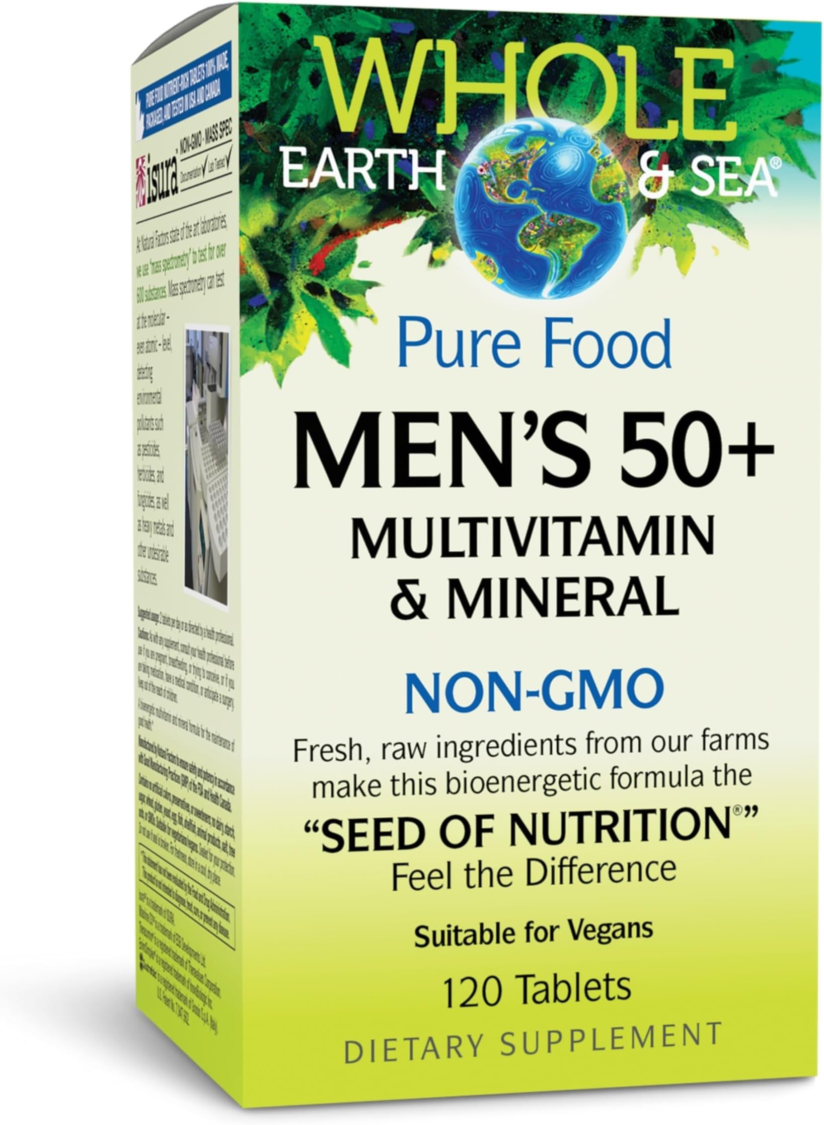 Natural Factors Whole Earth & Sea Men's 50+ Multivitamin & Mineral - Daily Nutritional Support Multivitamin - Supports Brain Health & Immune System Function - Vegan - 120 Tablets (60 Servings)
