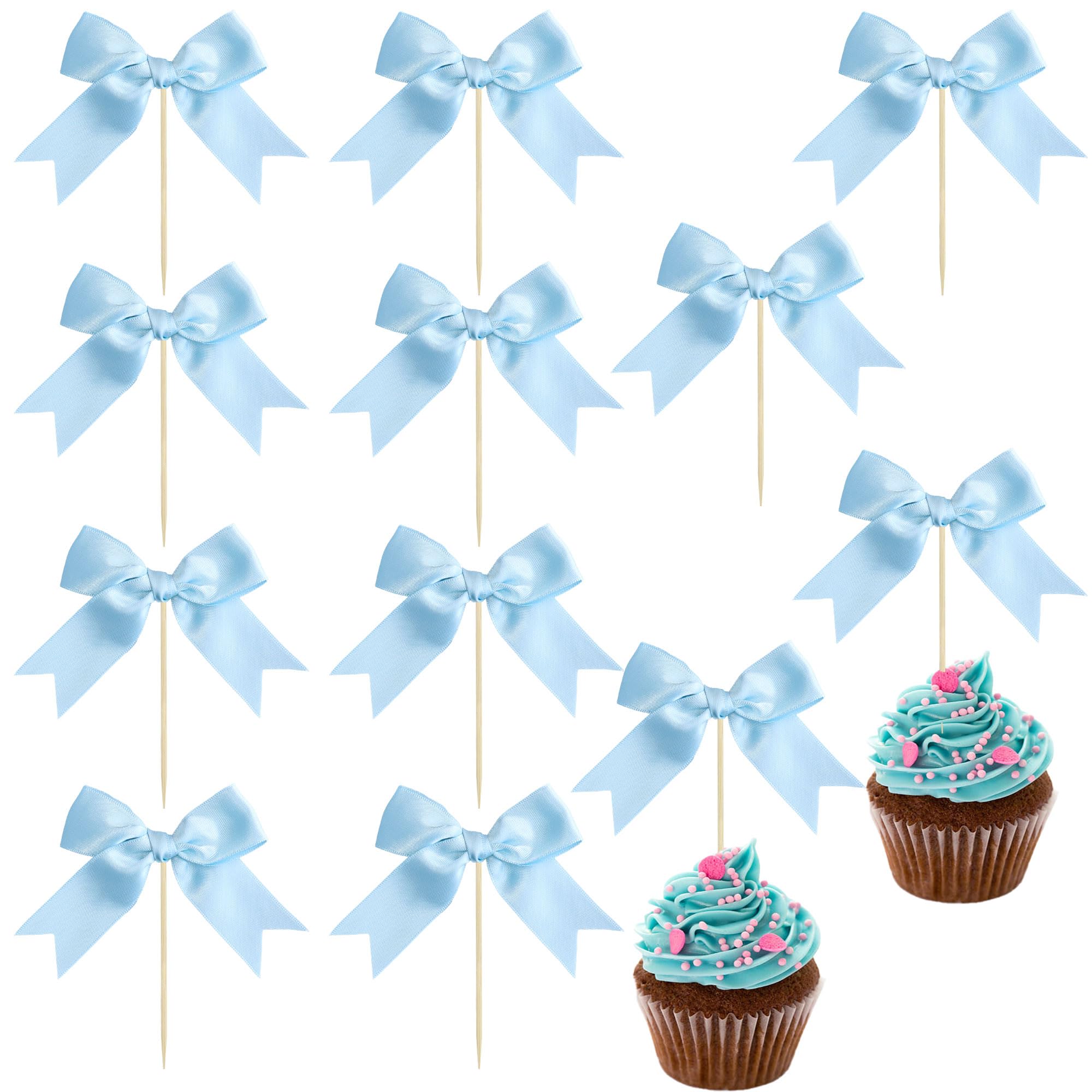 Ephlyn 24Pcs Bow Cupcake Toppers Bowknot Cake Toppers Bow Cupcake Picks Bowknot Birthday Party Decorations for Wedding Bridal Engagement Baby Shower Birthday Party Supplies Light Blue