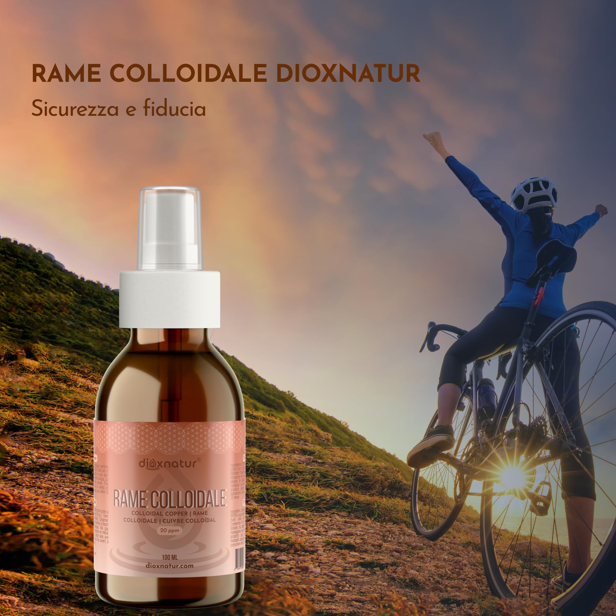 Rame Colloidale 100 ml - 20 ppm - 99,99% Purezza - Soluzione Liquida con Acqua Bidistillata - Flacone Vetro Ambra con Spray