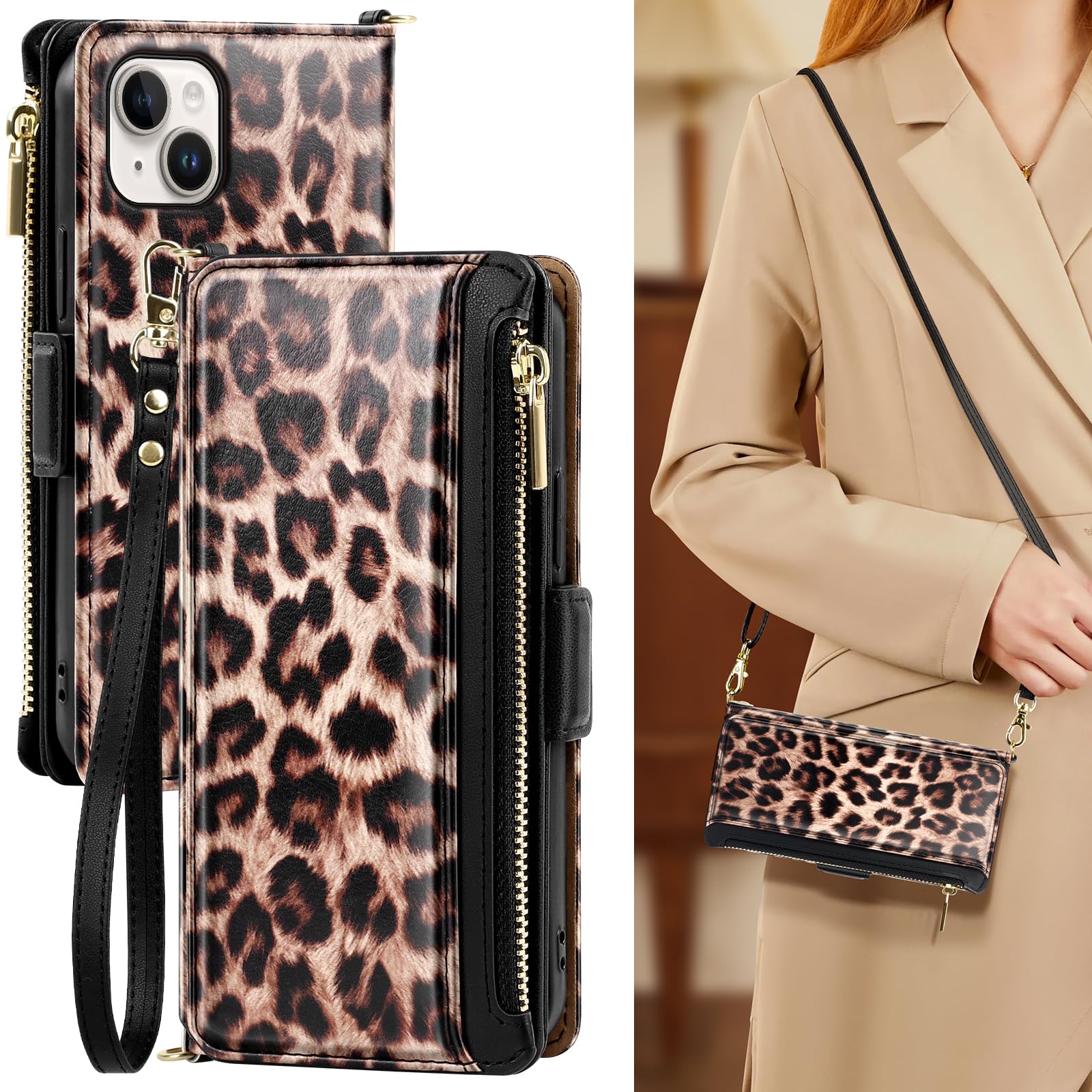 Antsturdy Crossbody Phone Wallet Case for iPhone 15 Plus,Leopard - Brown | RFID Blocking,PU Leather Flip Cover,Kickstand,with Credit Card Holder,Wrist